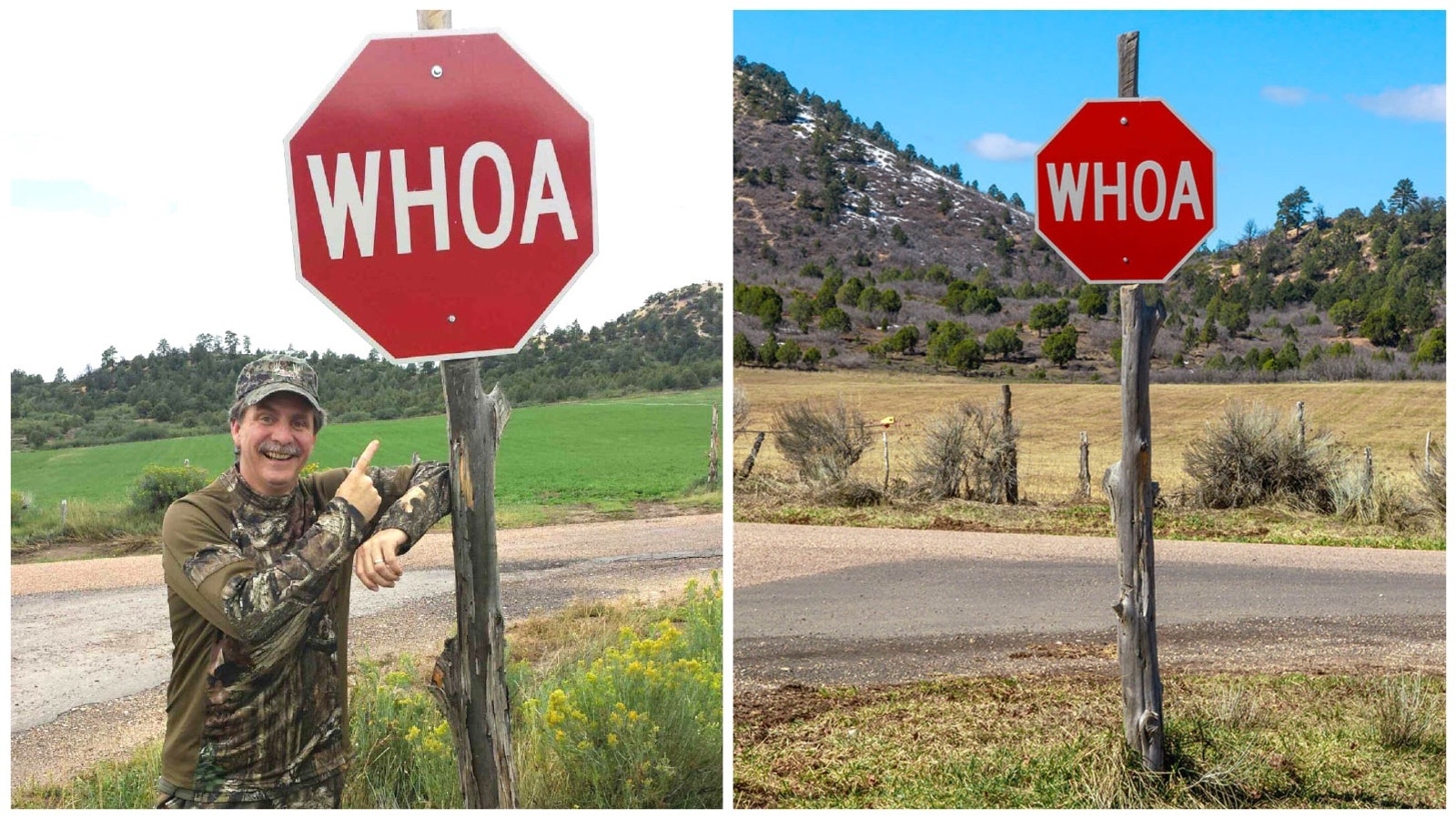 Comedian Jeff Foxworthy poses with one of Alton's "Whoa" signs after discovering them on a hunting trip, according to his Facebook page.