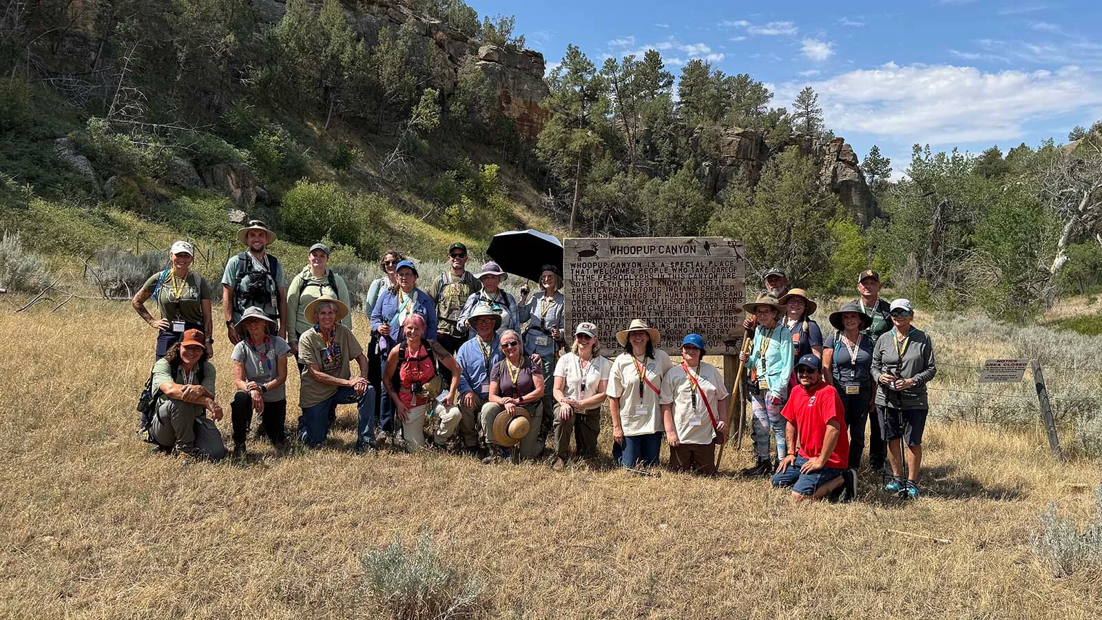 The tour group visiting Whoopup Canyon for the July 25 tour, hosted by the BLM and the Wyoming Historical Society. Only a handful of guided tours are offered every year, as the site has been closed to the public since 1997, and it's illegal to enter.