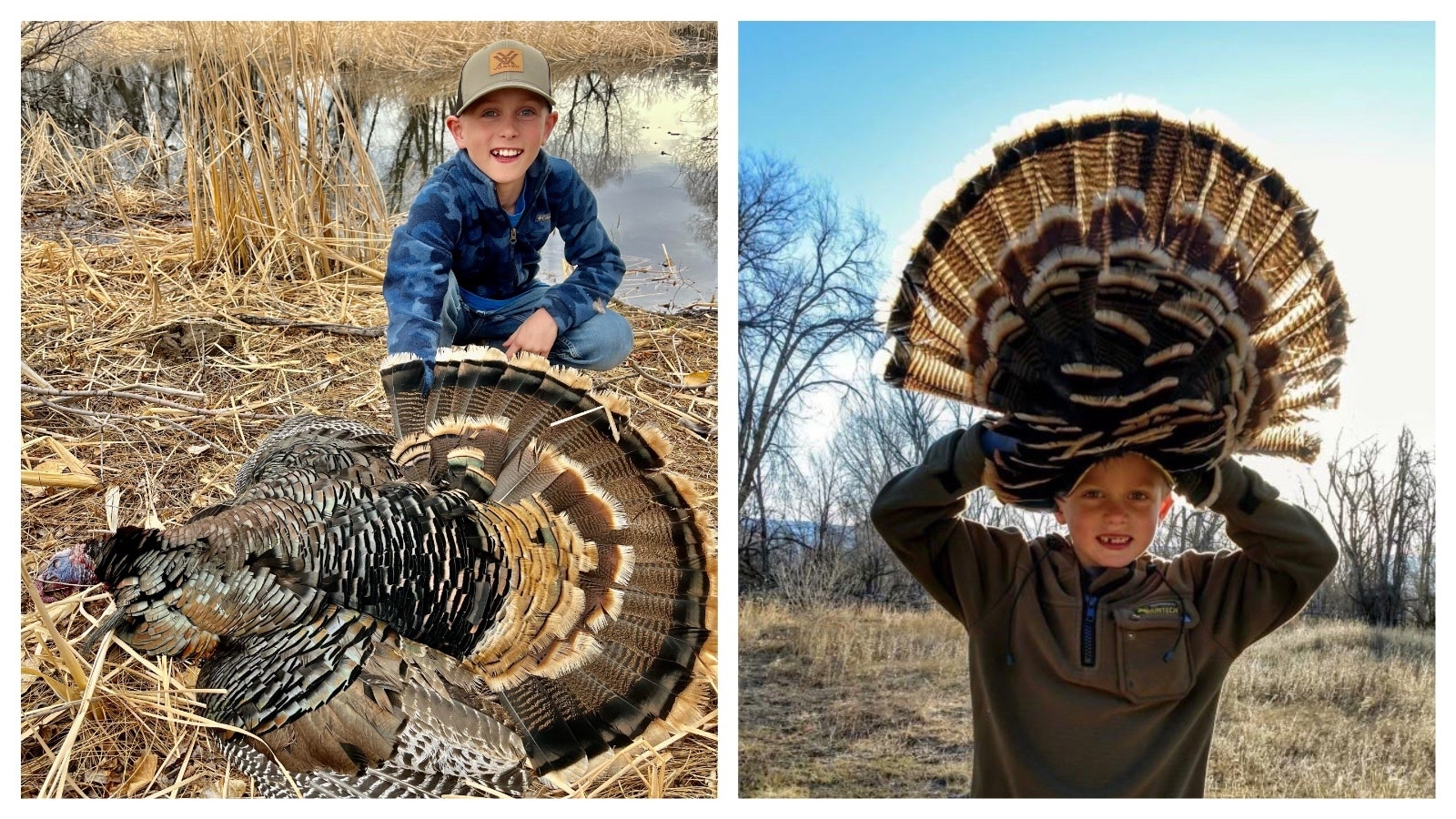 Tucker Bass has been hunting turkeys since he was 8. At right, he poses with his tom he bagged on the Nowood River in Wyoming last year when he was 10 years old.