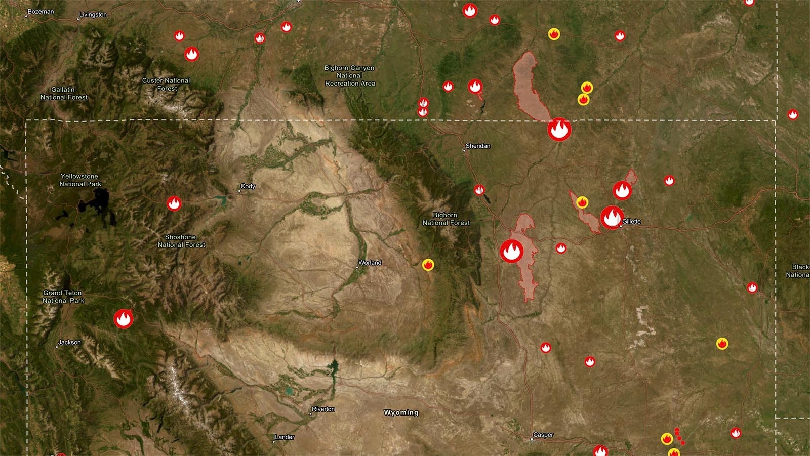 Northern Wyoming and southern Montana wildfires, as of Wednesday morning.