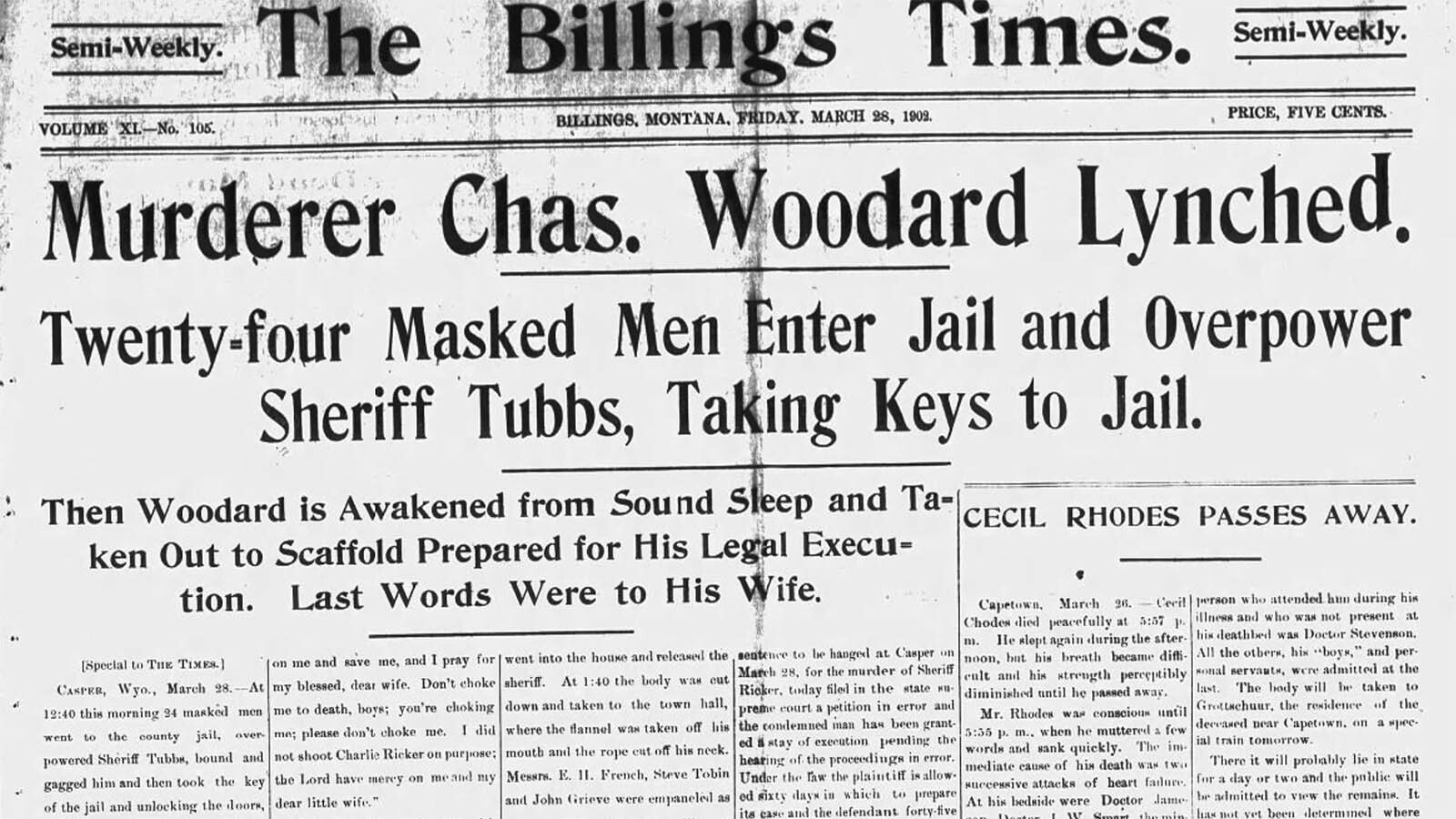 Billings, Montana, headline announces the lynching of Charles Woodard on Good Friday, March 28, 1902.