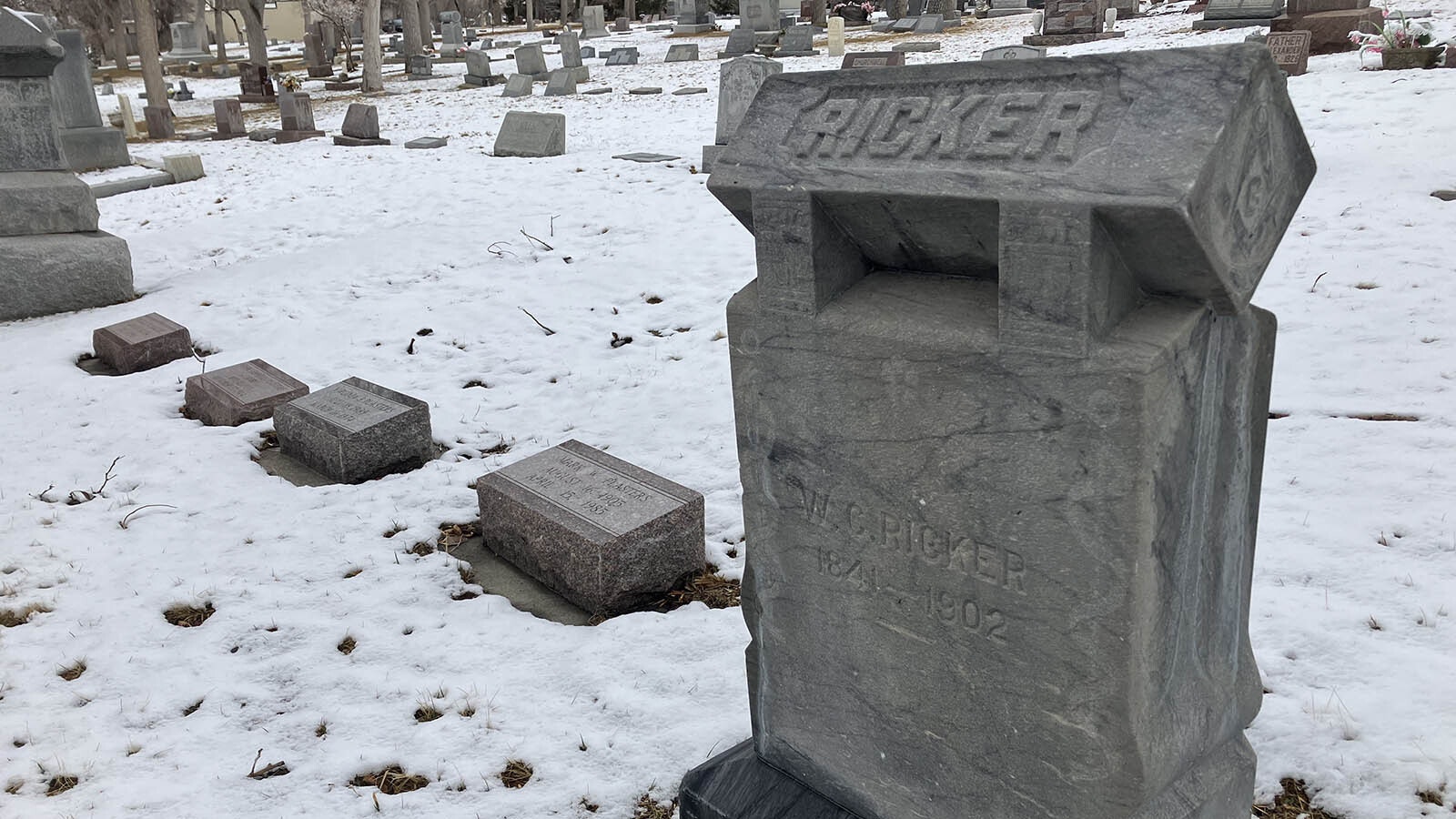 The grave of W.C. Ricker, who was honored at a large turnout at his funeral in Casper by members of the fire department, Masons and Odd Fellows, to which he belonged. The funeral featured his favorite hymn, “Asleep In Jesus.”