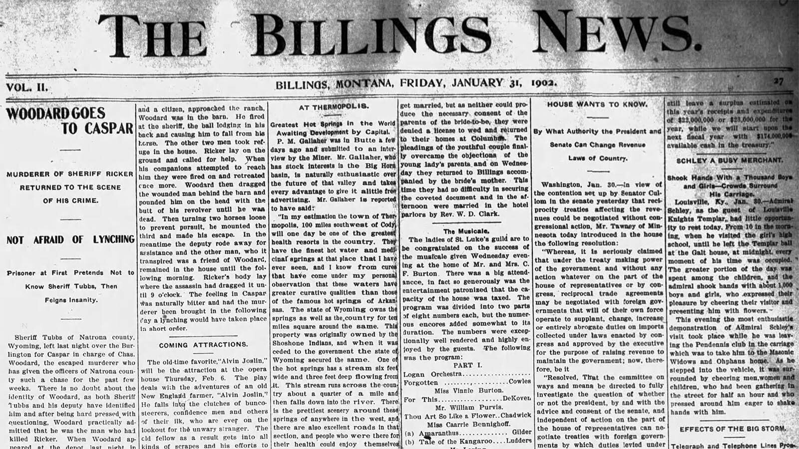 The Billings News in Billings, Montana, reports on the captured Charles Woodard being sent back to Casper.