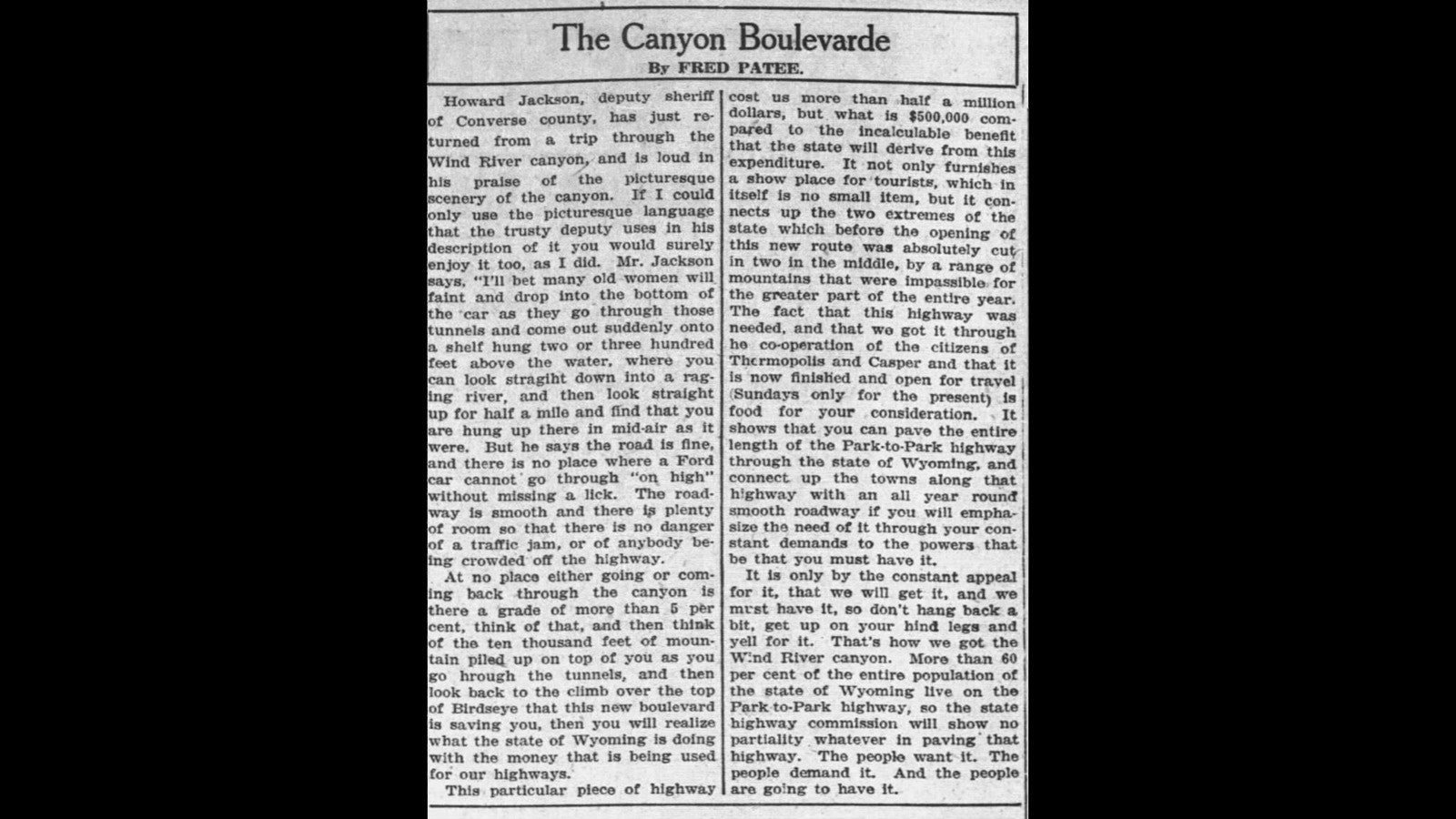 Wind River Canyon is the subject of this 1924 article in the Casper Star-Tribune.