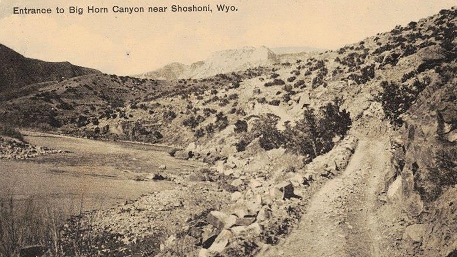 Postcard dated Aug. 2, 1909, showing the entrance to Big Horn Canyon. It would evolve into the Yellowstone Highway.
