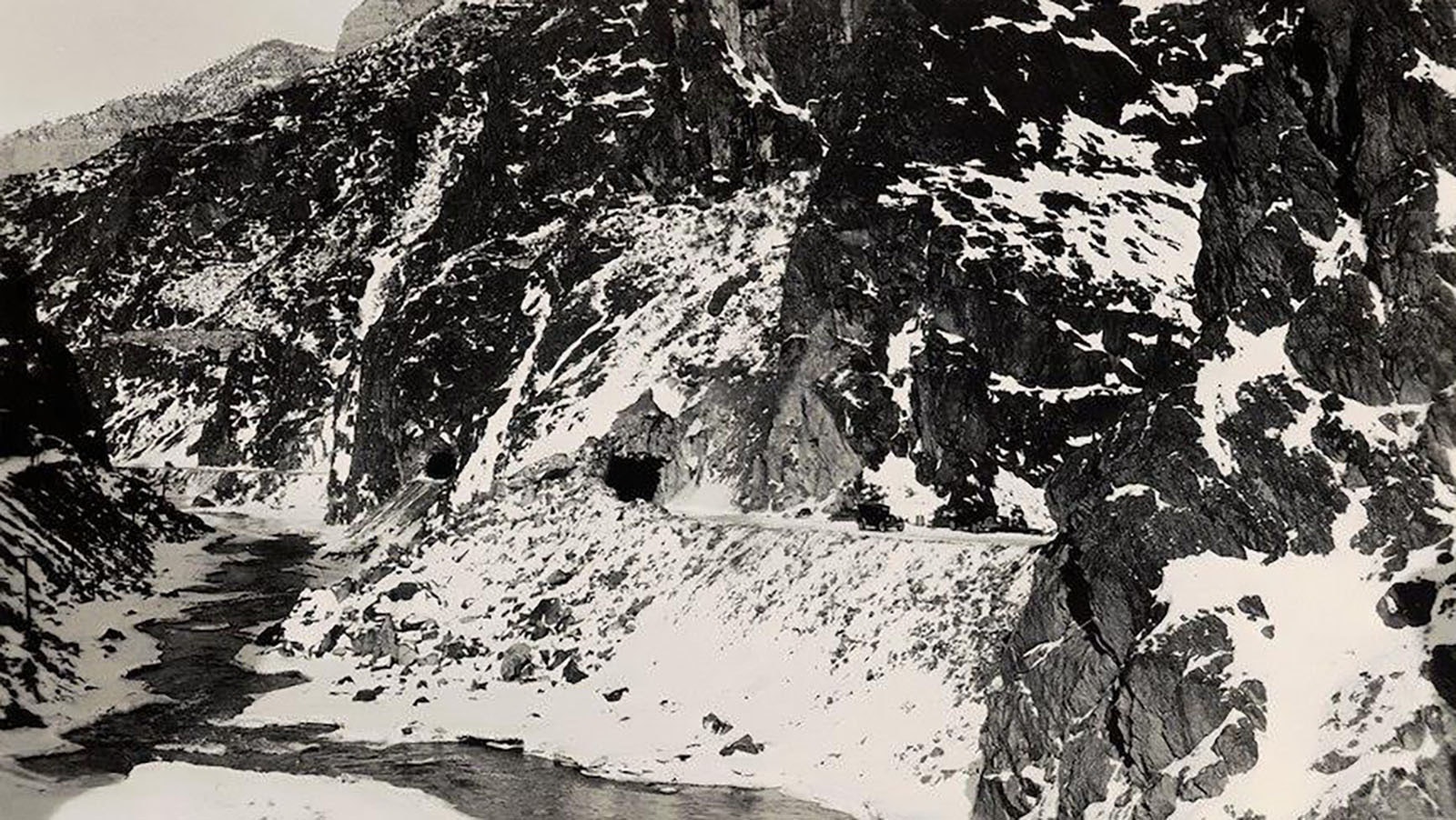 The second and third tunnels in Wind River Canyon in winter in an undated photo.