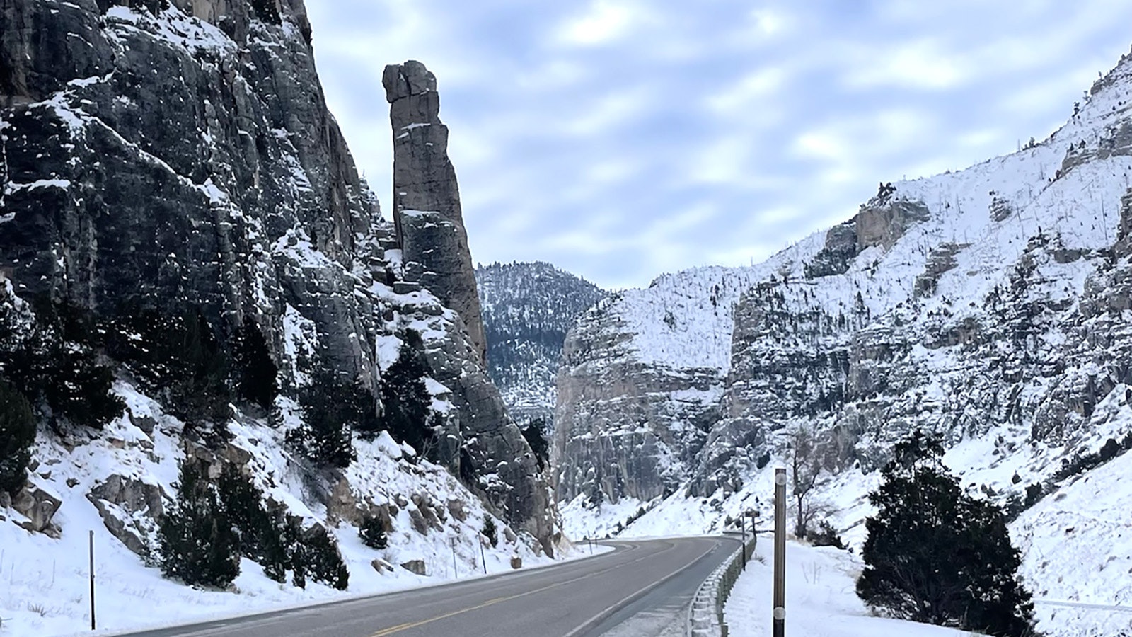 Chimney Rock along the Wind River Scenic Byway in winter.