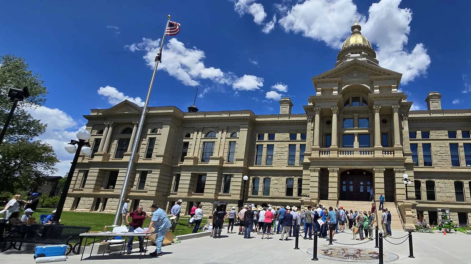 A crowd that included many ranching families gathered at the state Capitol to call for more scrutiny of wind projects in Wyoming. They said a 200-mile wind wall that has sprung up in southeastern Wyoming that threatens wildlife, their way of life, and the legacy of future generations.