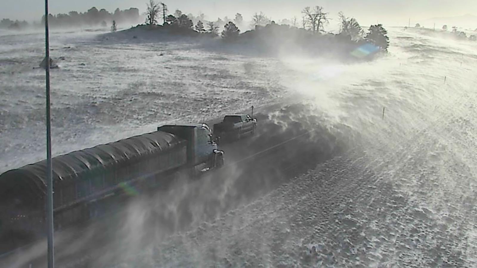 Strong Chinook winds are blowing semitrailers over across Wyoming, with gusts hitting nearly 90 mph along I-25 near Bordeaux, about 10 miles south of Wheatland.