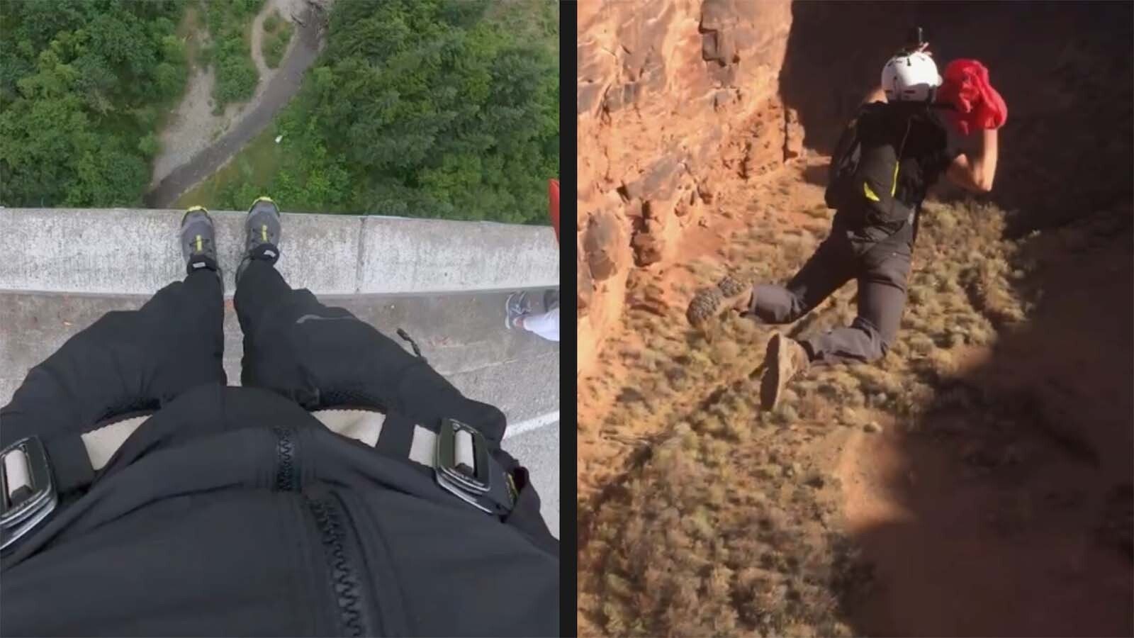 Braden Roseborough stands on the edge of a span and leaps off throwing out his pilot chute as he jumps.