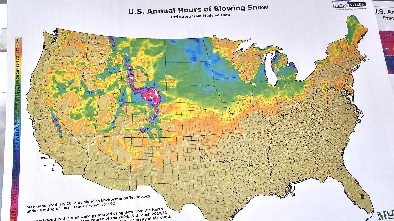 This map shows the annual hours of blowing snow in the United States. Pink and white are the highest extremes.