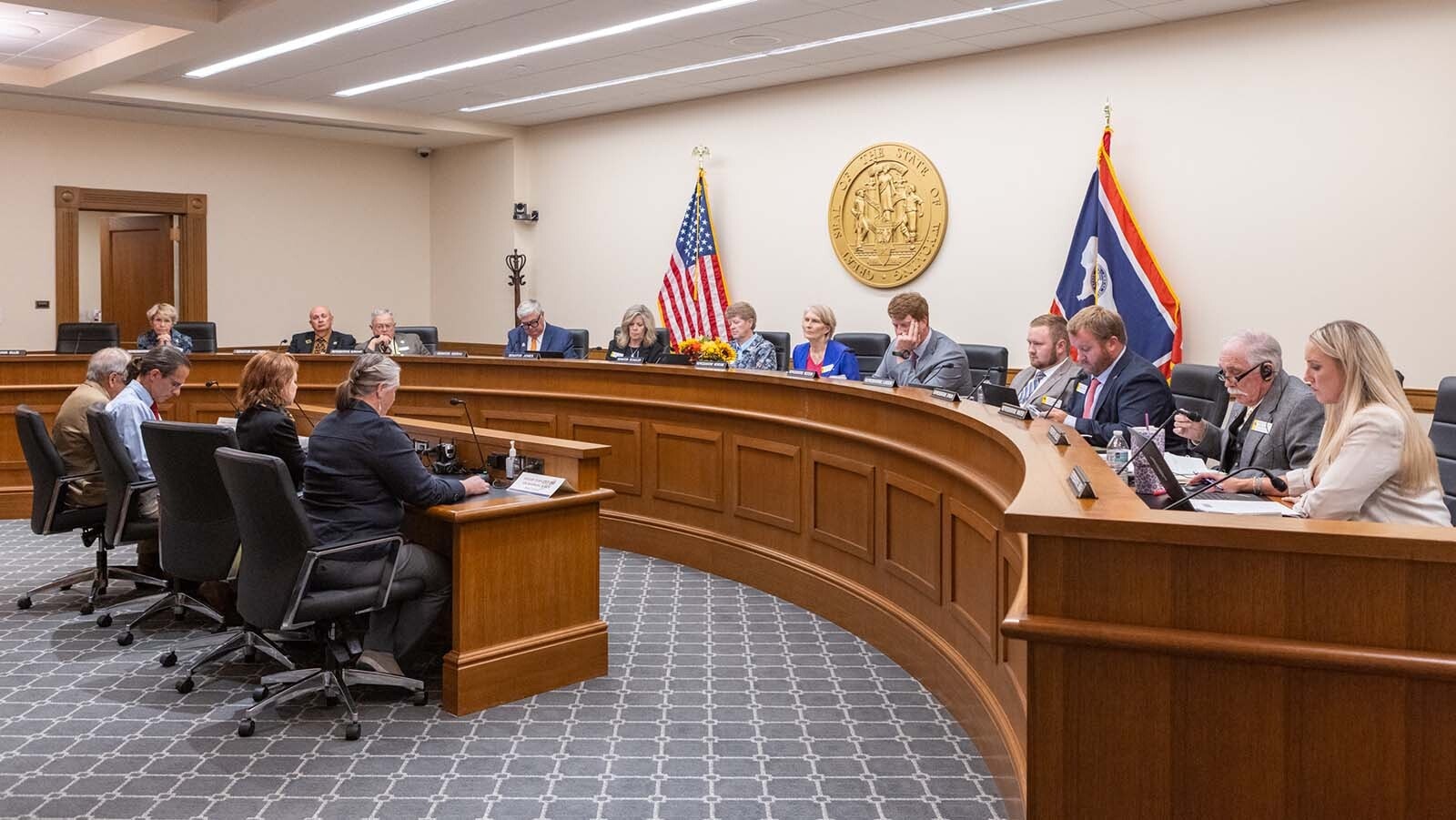 A vocal crowd showed up to give comment to the Joint Travel, Recreation and Wildlife Resources Committee meeting at the Wyoming Capitol in Cheyenne on Monday, Sept. 30, 2024. Most spoke against a proposed bill that stops short of banning running down wolves and other predators with snowmobiles.