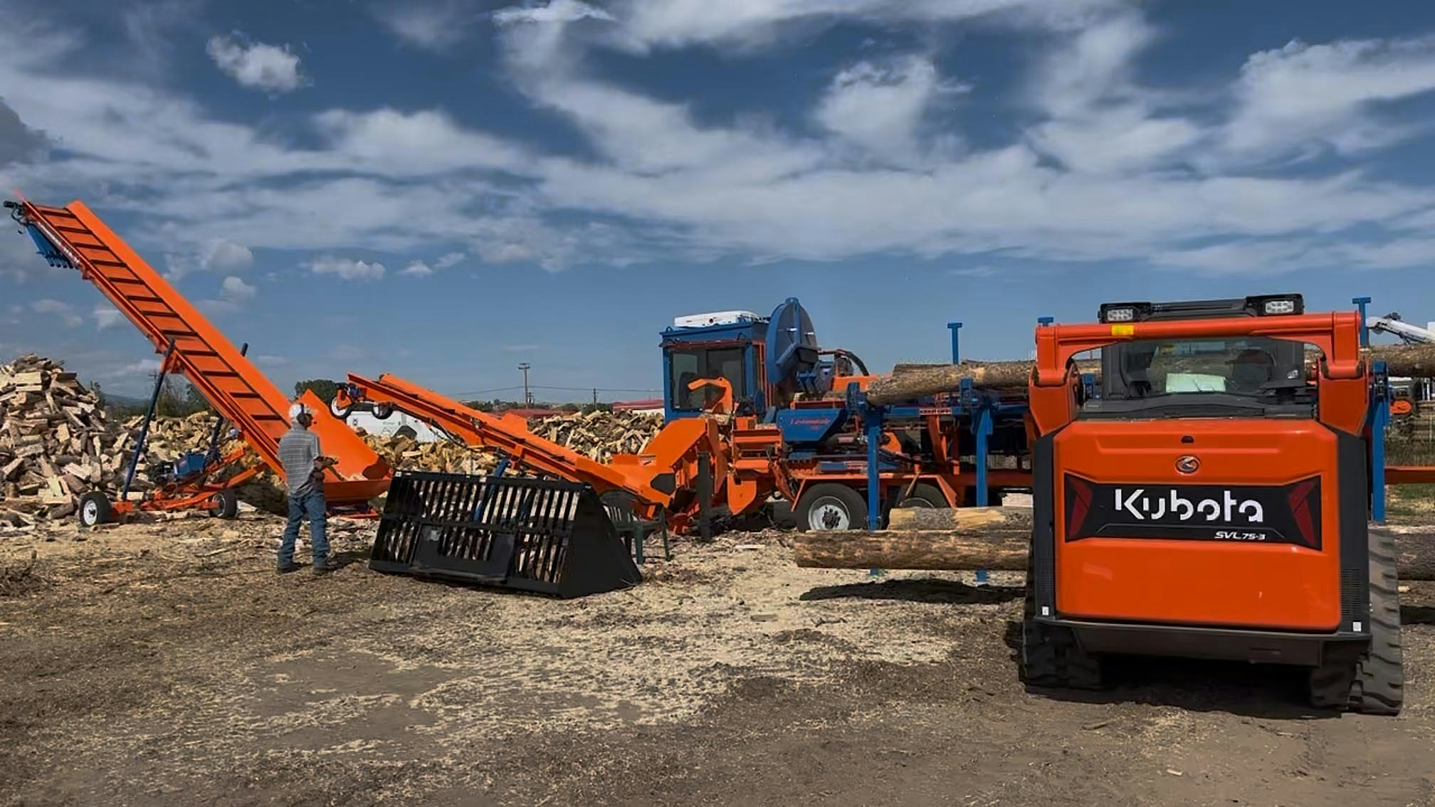 A wood processor takes the logs and turns them into firewood.