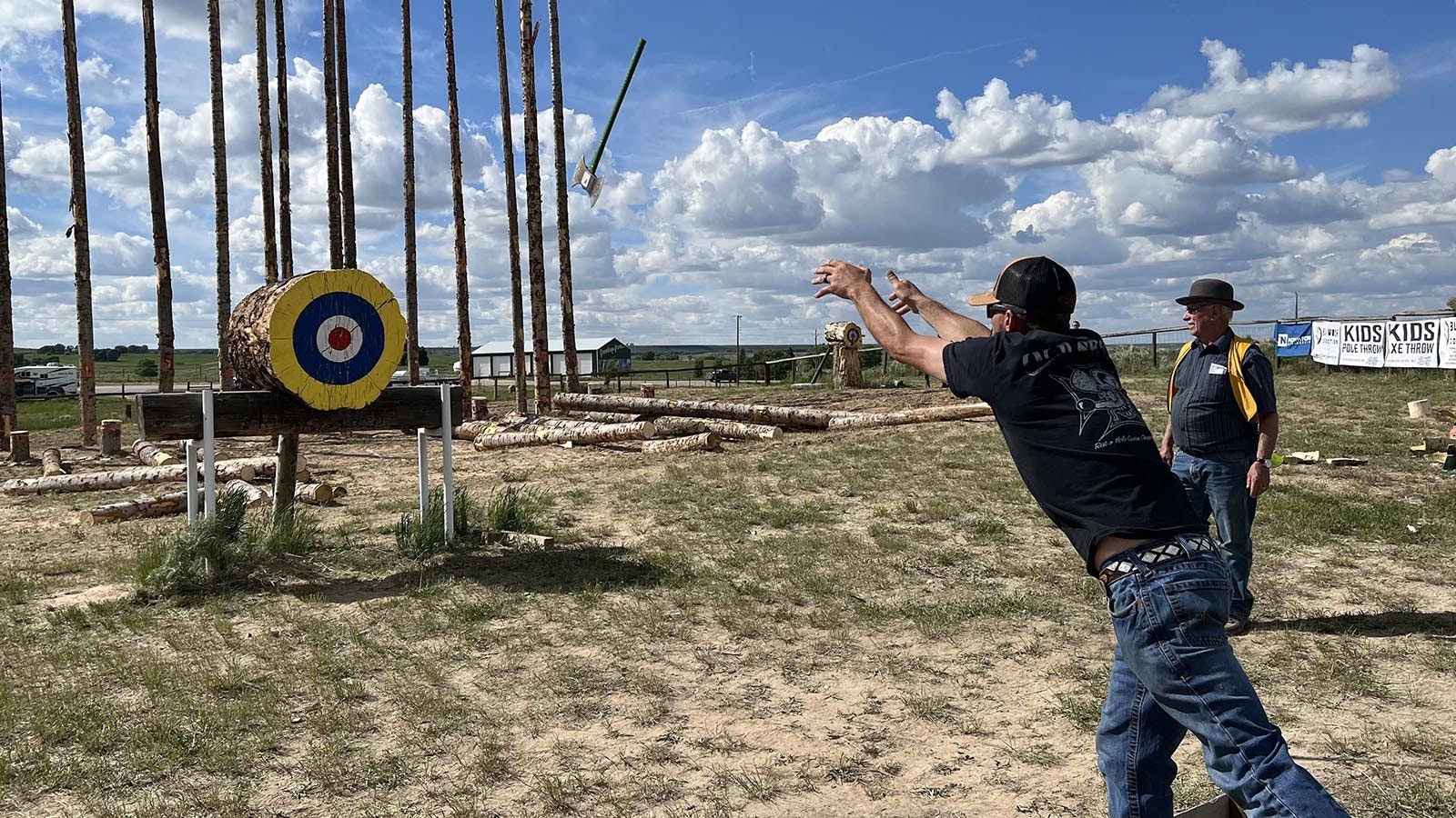 Brent Sweem competes in the men’s axe throwing competition during the Woodchoppers Jamboree in Encampment on Saturday.