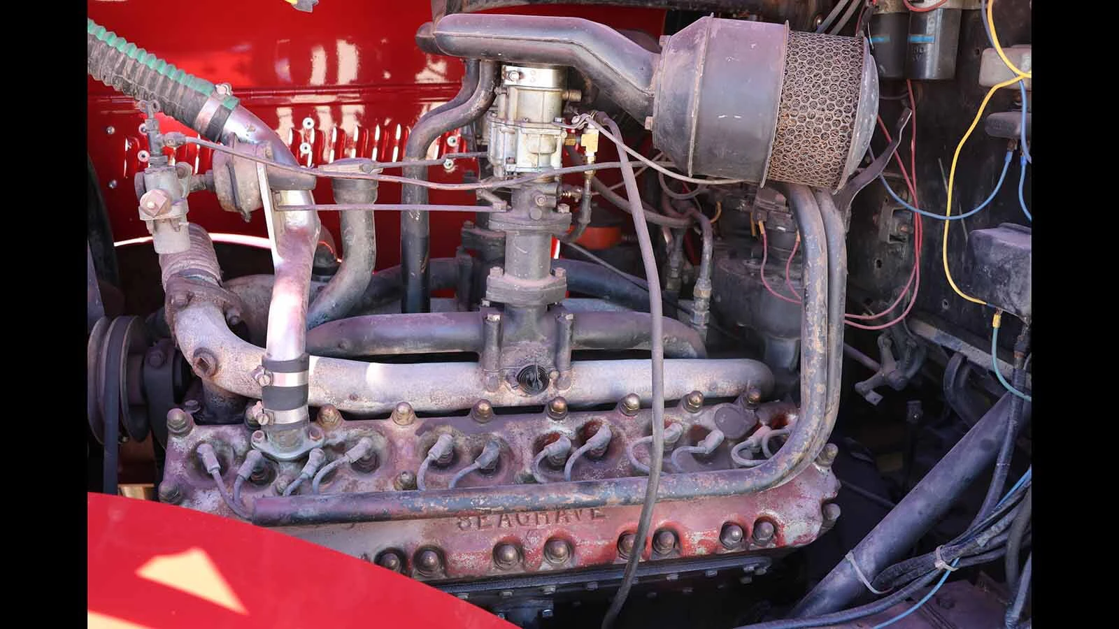 The V-12 Seagrave engine has 24 spark plugs, two carburetors and two distributors.
