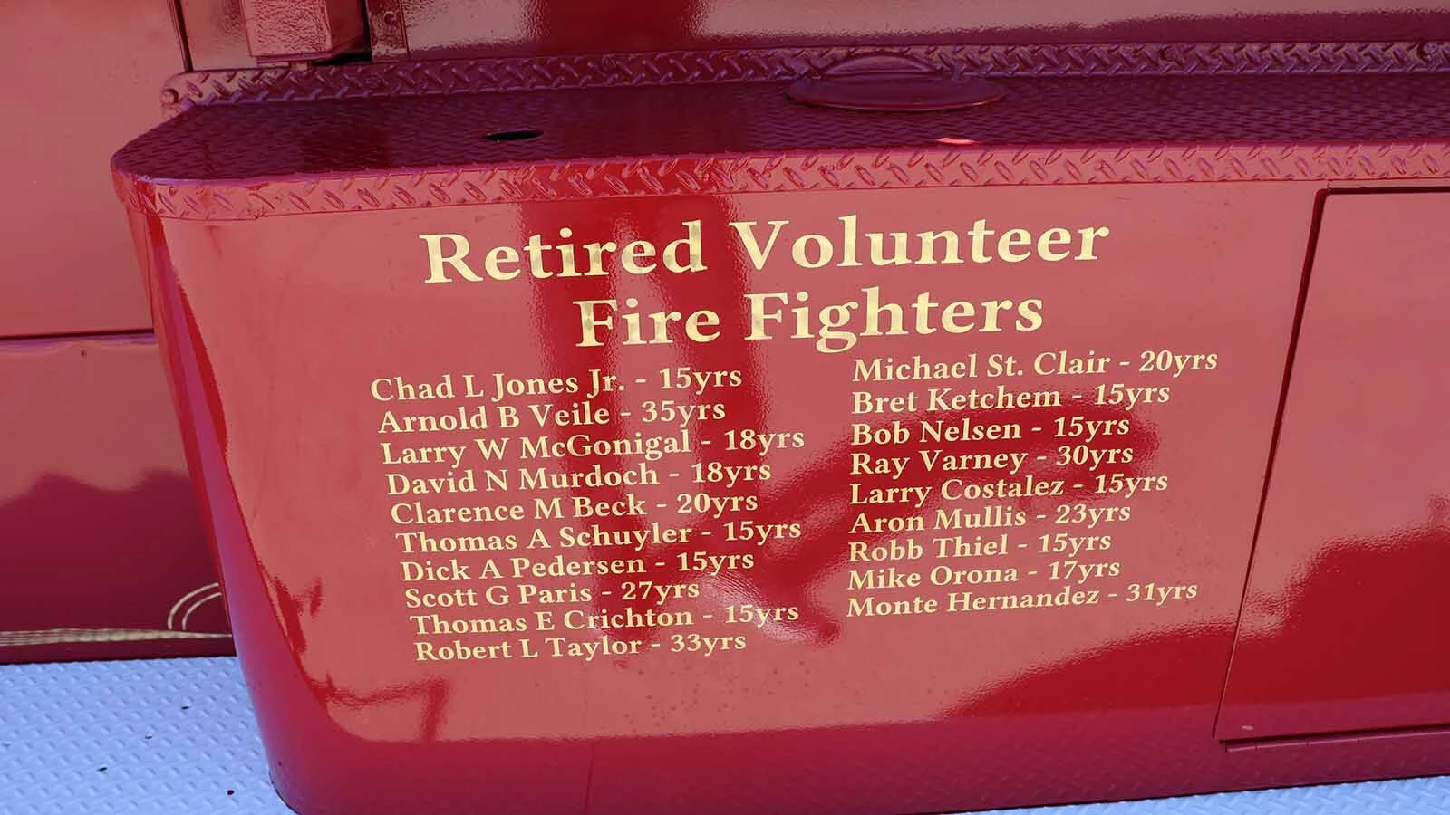 A list of names of the department’s retired firefighters has been painted on both sides of the truck.