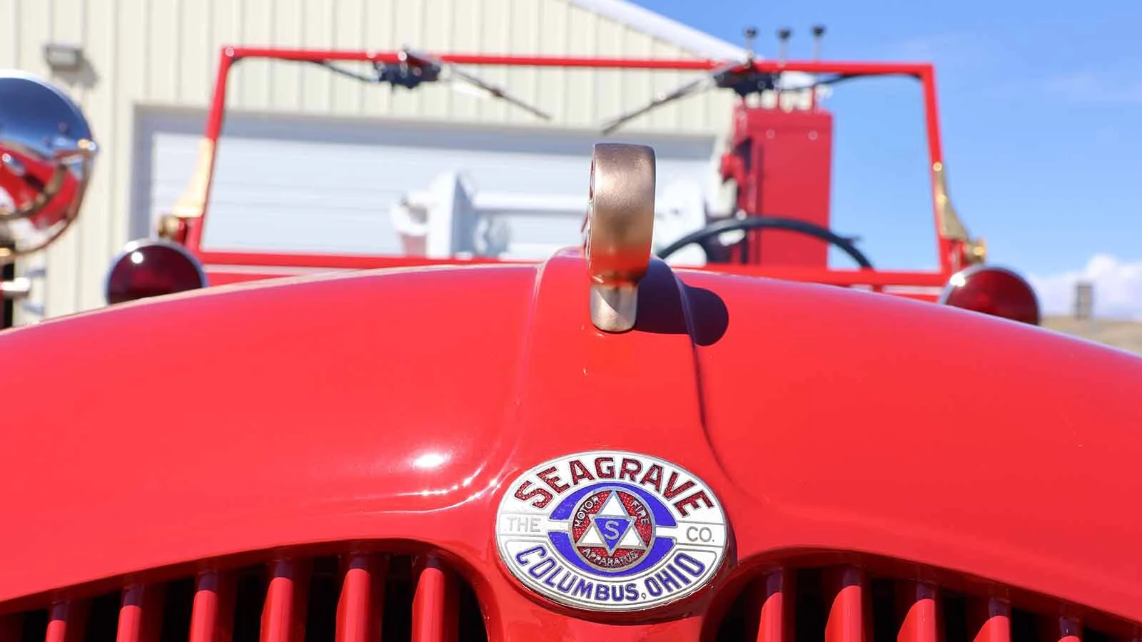 The Seagrave logo on the 1942 truck.