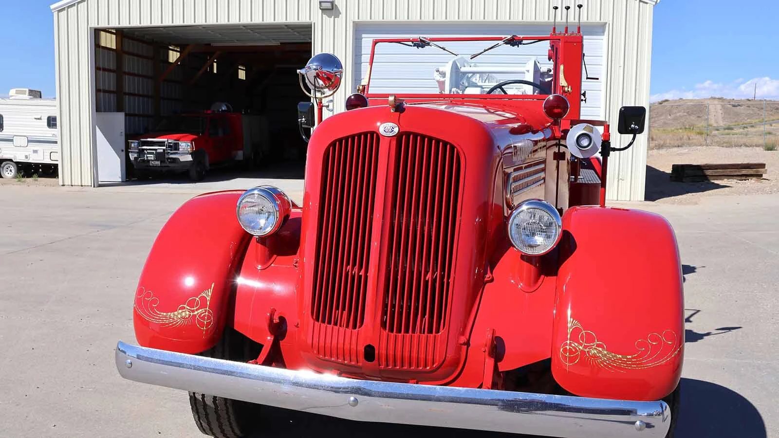 The front of the 1942 ladder truck. The red color is the same hue that would have been on the truck in 1942.