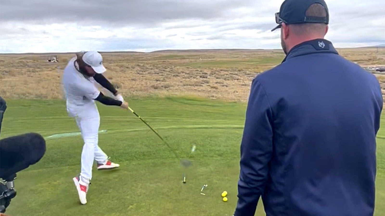 Long drive specialist Kyle Berkshire cranks off a world-record drive of 579.65 yards at Rochelle Ranch Golf Course in Rawlins, Wyoming, on Oct. 2, 2023.