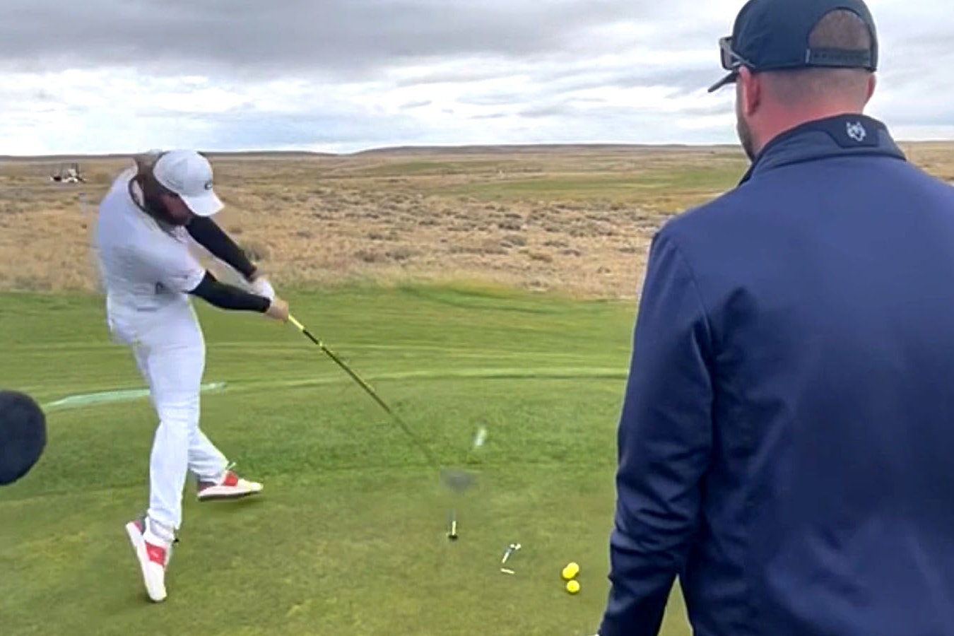 Long drive specialist Kyle Berkshire cranks off a world-record drive of 579.65 yards at Rochelle Ranch Golf Course in Rawlins, Wyoming, on Oct. 2, 2023.