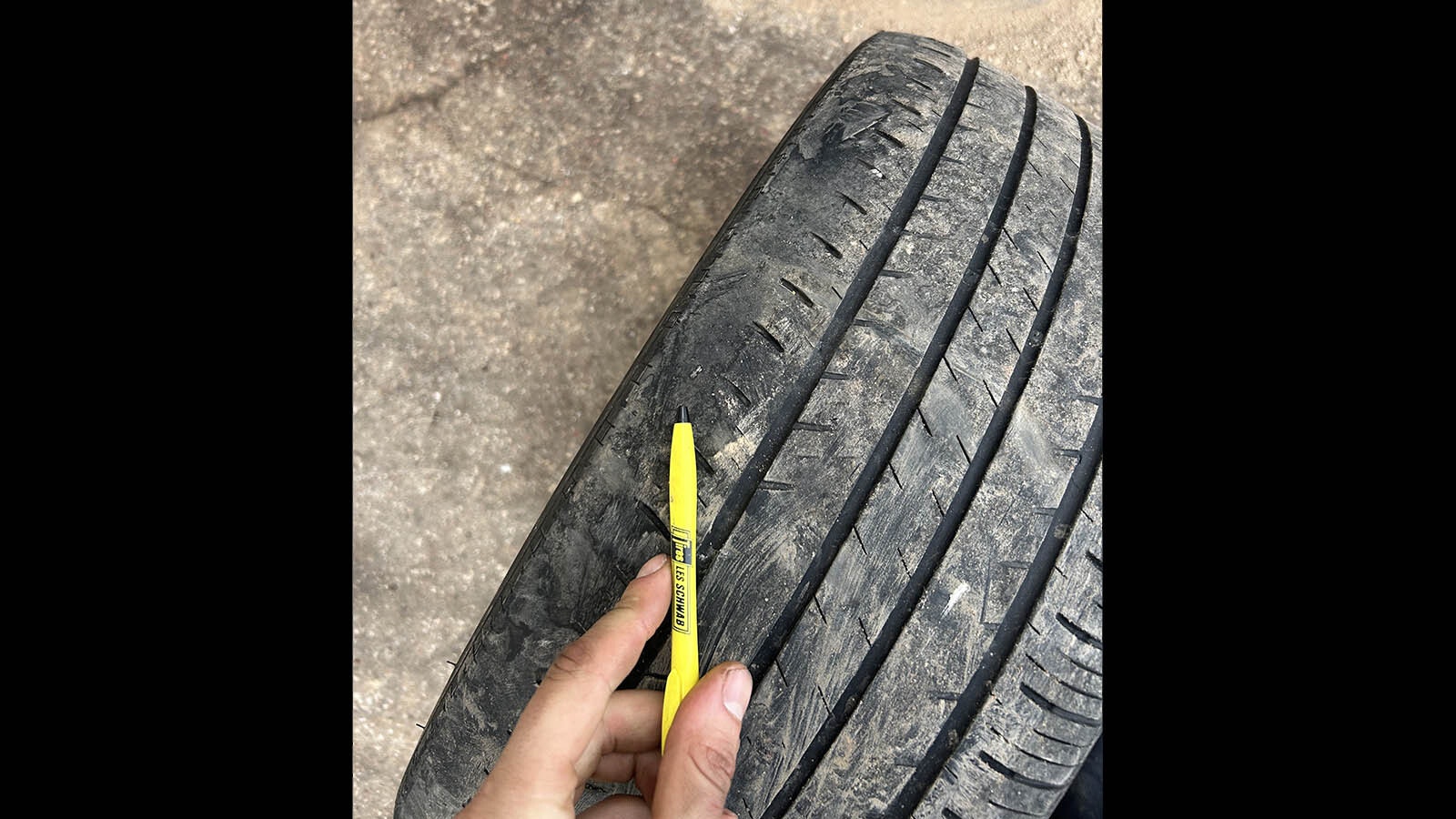 This Tesla tire is badly worn and was being changed out for the second time at Les Schwab Tire Center in Cheyenne.
