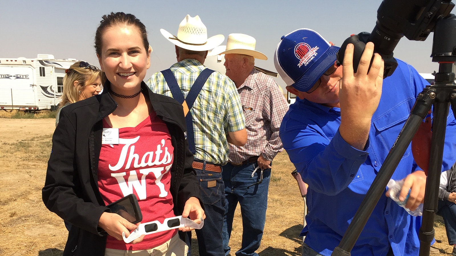 The Wyoming Office of Tourism sent representatives to four locations across Wyoming to cover the total eclipse. The Jim Moss Arena was chosen as one of those four places. Picture are, from left, Abigail Smith, Wyoming Office of Tourism representative; Olie Moss; Deryl Sweat; and Jim Moss.