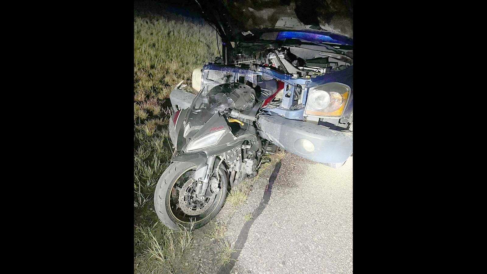 Around 9 p.m. Tuesday, a Dodge Durango struck a Yamaha R6 motorcycle from behind on Horse Creek Road northwest of Cheyenne. The Yamaha rider was wearing a helmet and is expected to recover from serious injuries, authorities say.