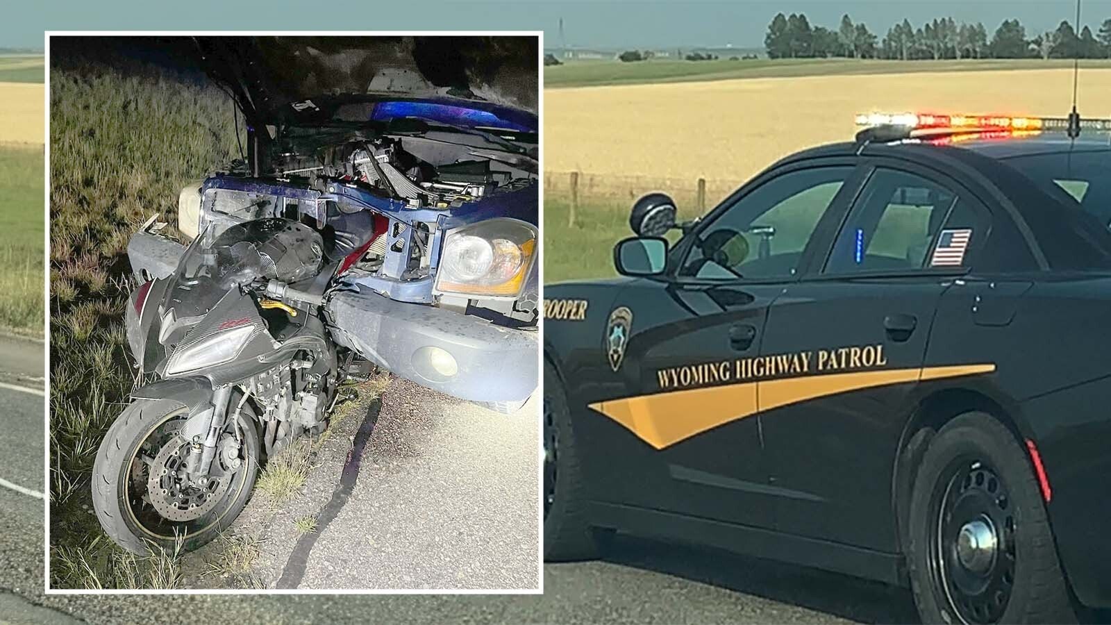 Around 9 p.m. Tuesday, a Dodge Durango struck a Yamaha R6 motorcycle from behind on Horse Creek Road northwest of Cheyenne. The Yamaha rider was wearing a helmet and is expected to recover from serious injuries, authorities say.
