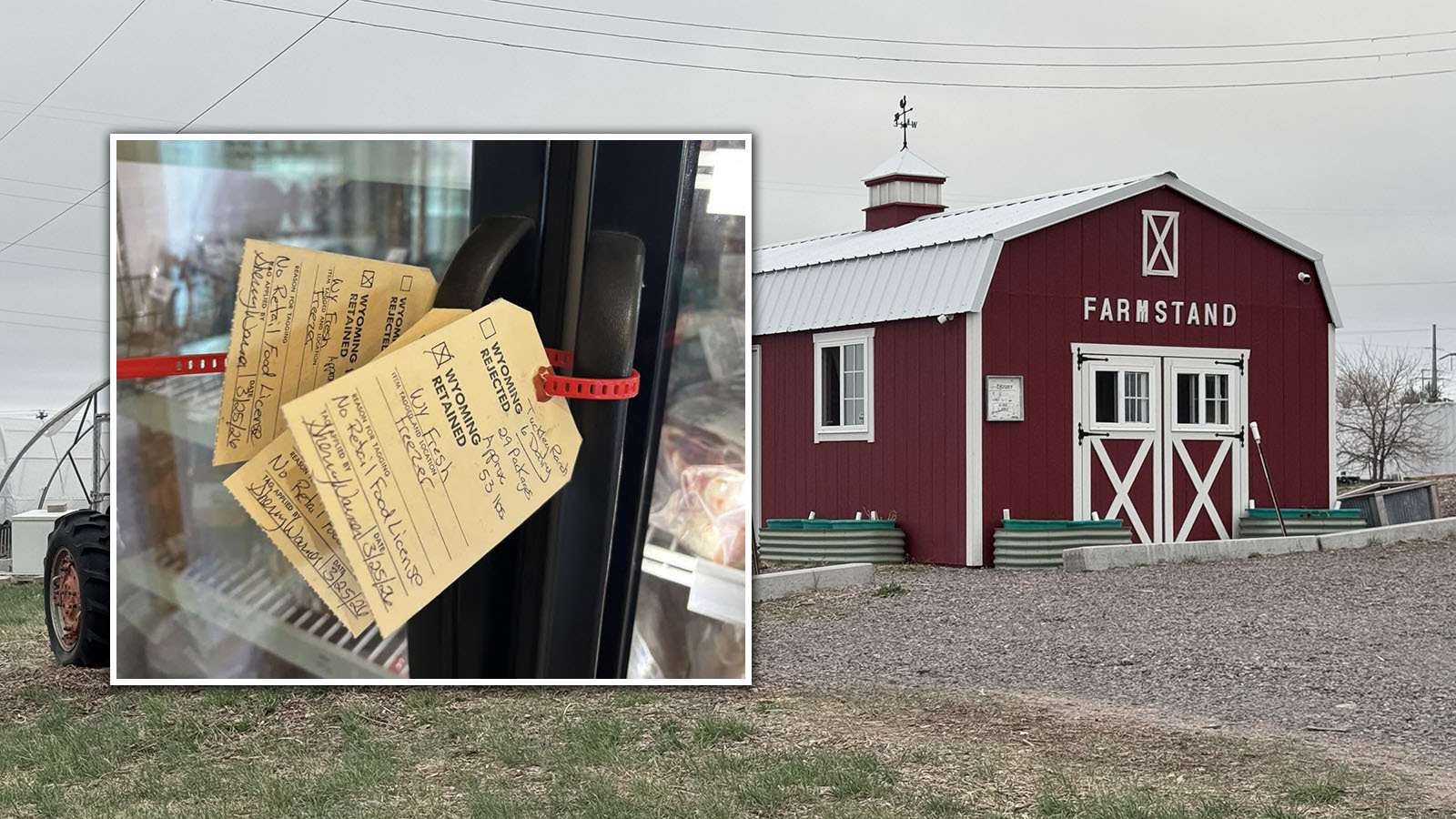 A yellow tag zip-tied to a WY fresh farm freezer shows the meat inside is being retained because the farm is operating without a necessary license.