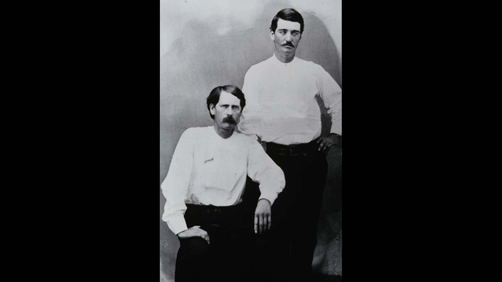 Wyatt Earp, left, pictured with Bat Masterson in Dodge City, Kansas, in 1867 where they were both deputy sheriffs.