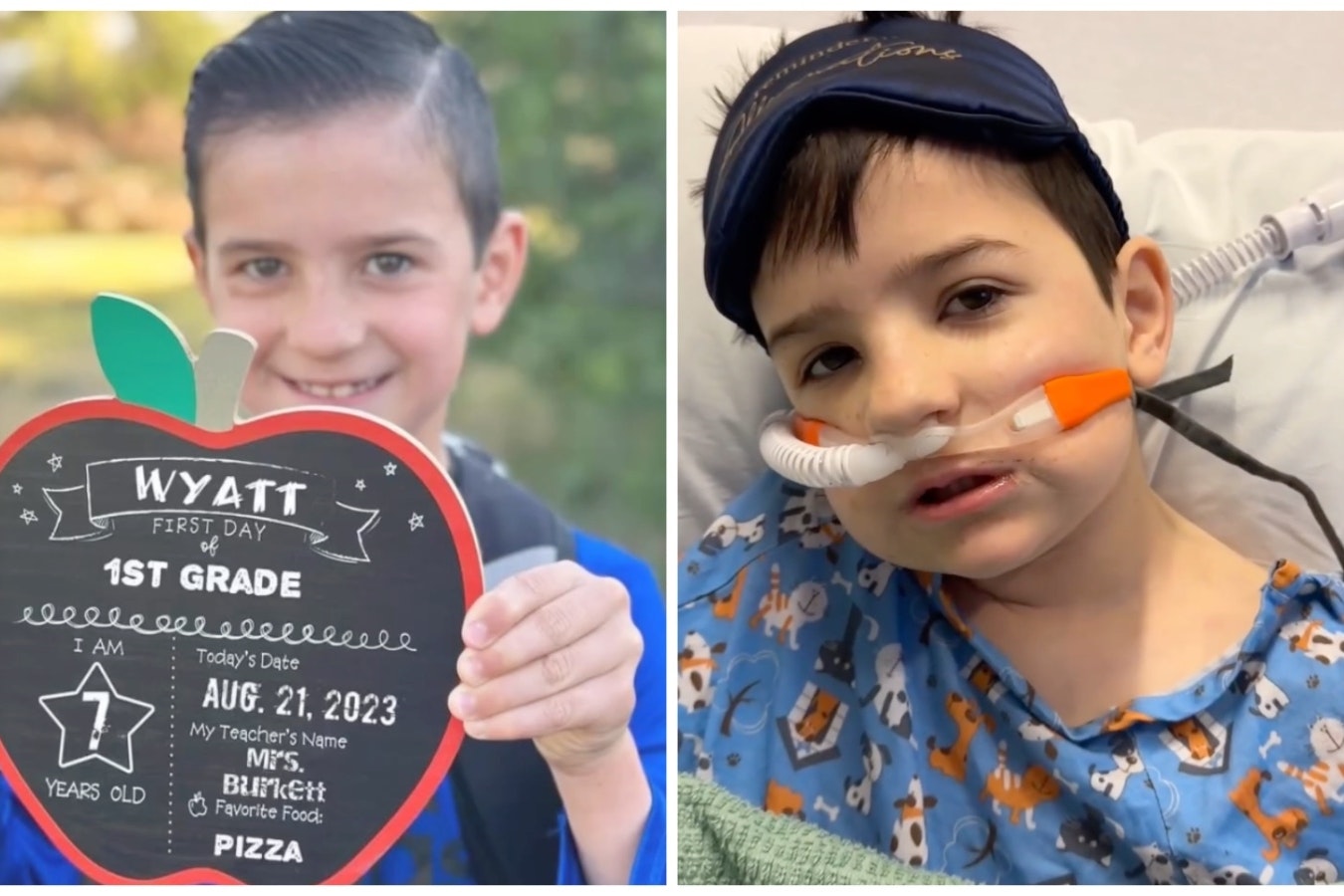 Wyatt Morgan on his first day of first grade at Carpenter Elementary School, left, and in his hospital bed in Colorado.
