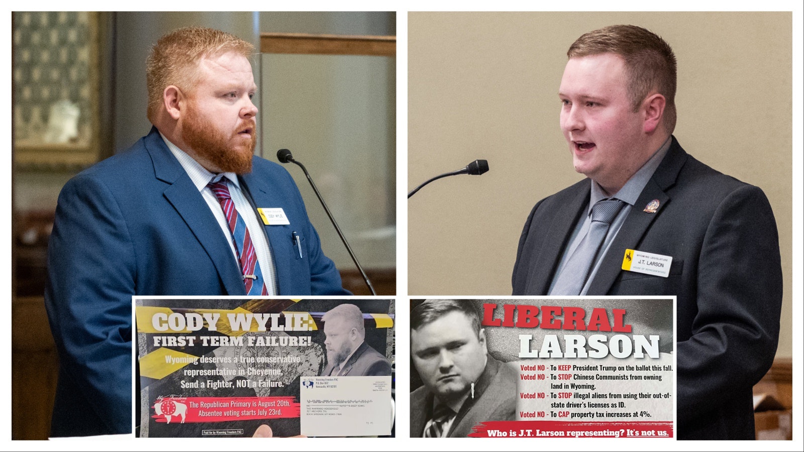 Wyoming state Reps. Cody Wylie, left, and J.T. Larson, both Rock Springs Republicans, are suing over election mailers they claim are deliberately false and misleading.