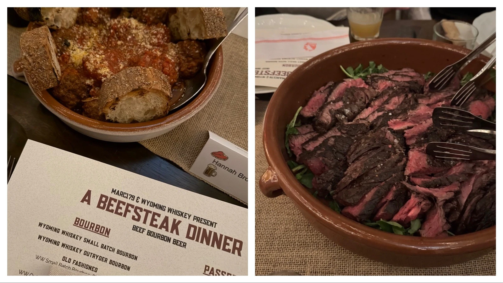 The menu for the family-style dinner featured Wyoming beef in many forms, featuring dishes such as steak tartare, meatballs, hanger steak, and ribeye.