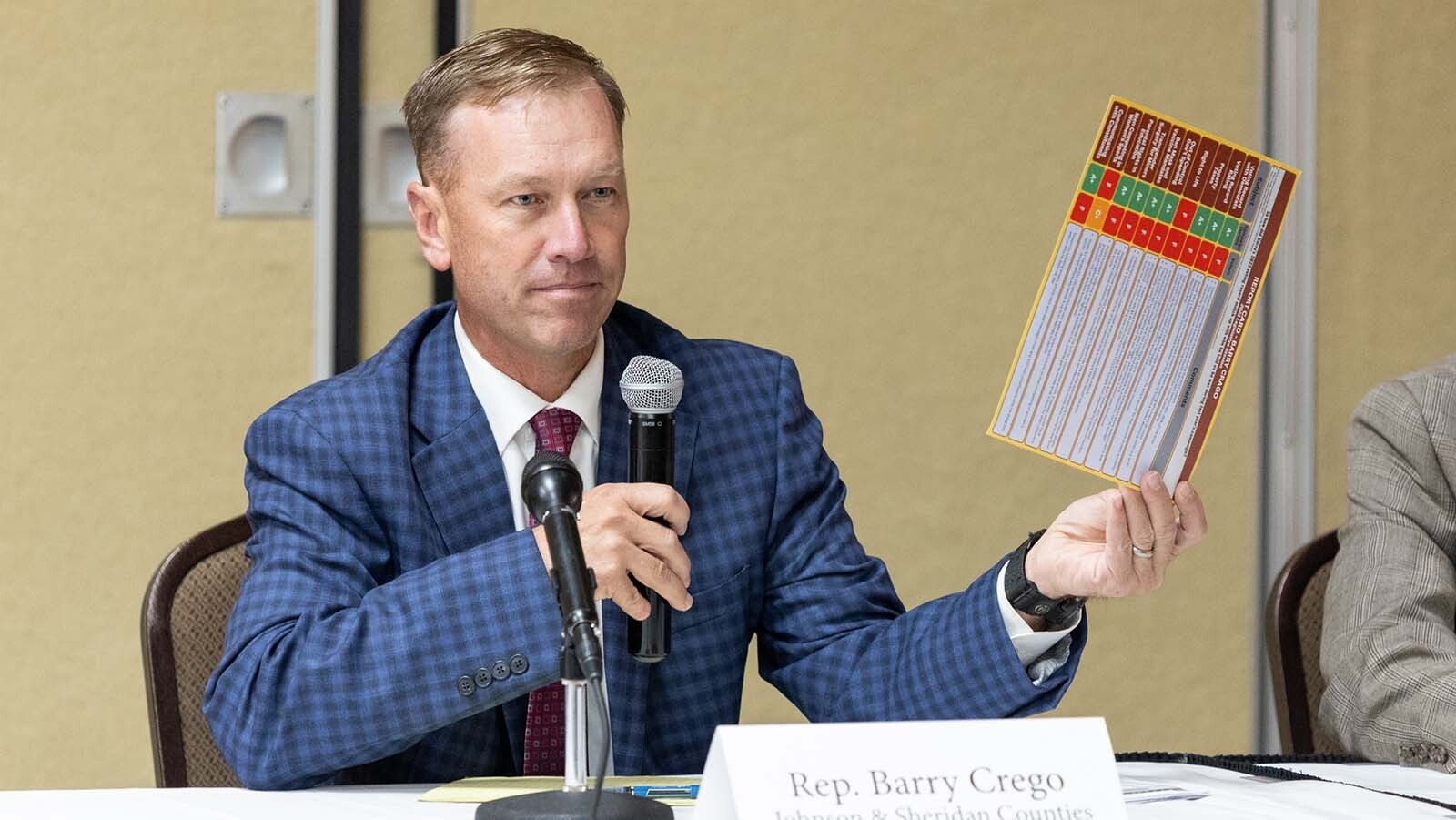 State Rep. Barry Cargo holds up a report card on his voting record mailed out from an anonymous source.