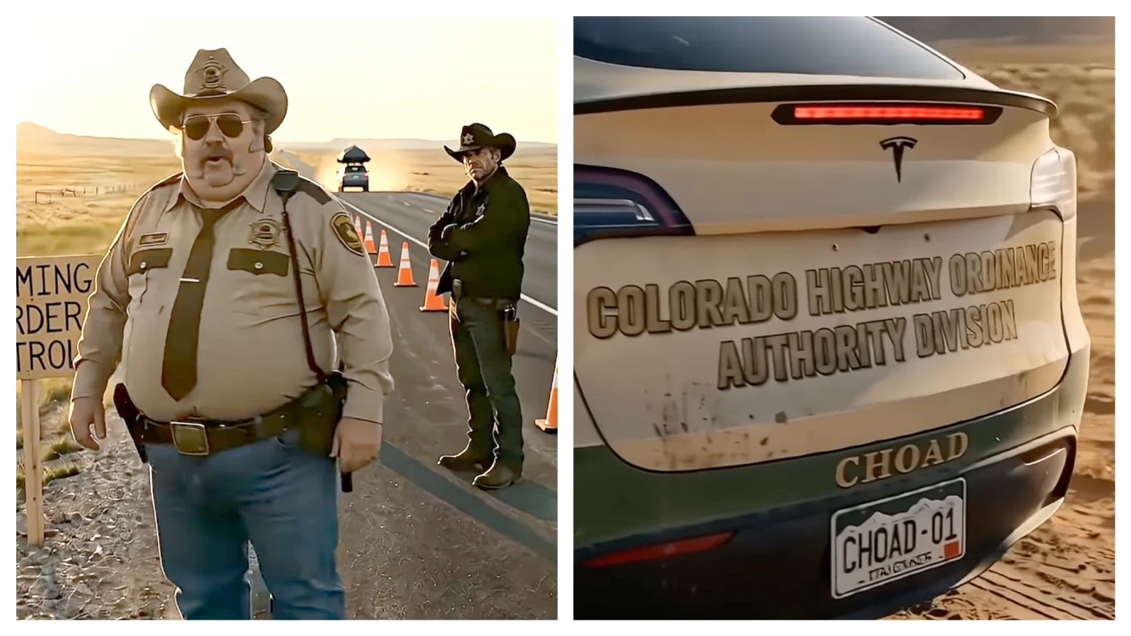 Wyoming Border Patrol Agents Buford and Rip, left. At right is a Tesla belonging to the fictional Colorado Highway Ordinance Authority Division — aka CHOAD.