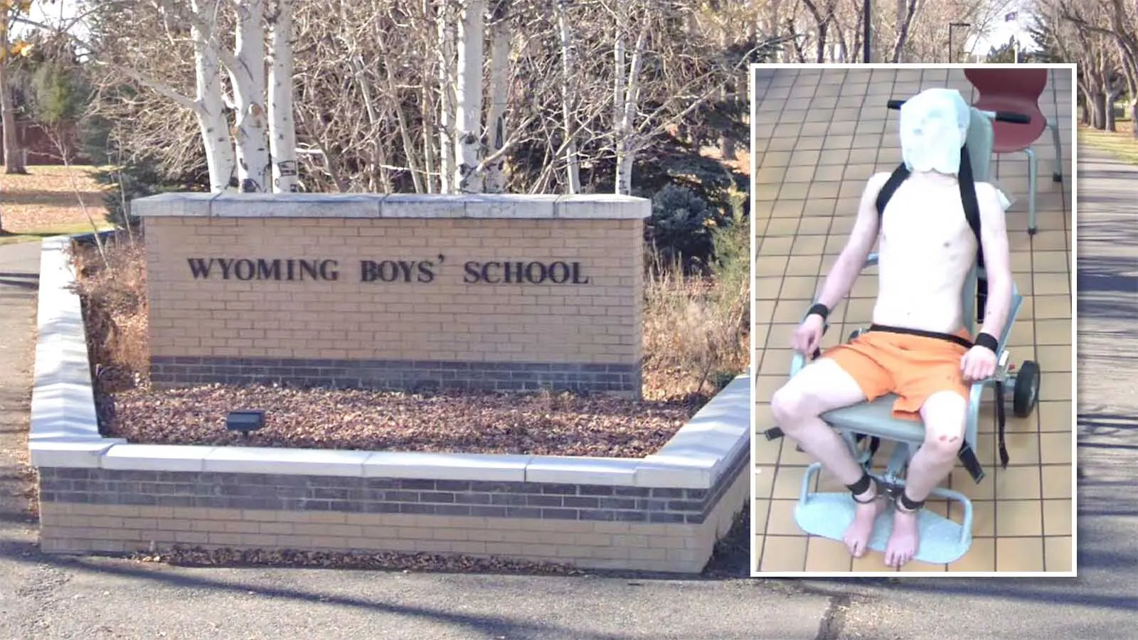 A former Wyoming Boys' School resident strapped down to a restraint chair with a mask over his head. A court filing claims he was put in the chair with a mask for up to eight hours a day.