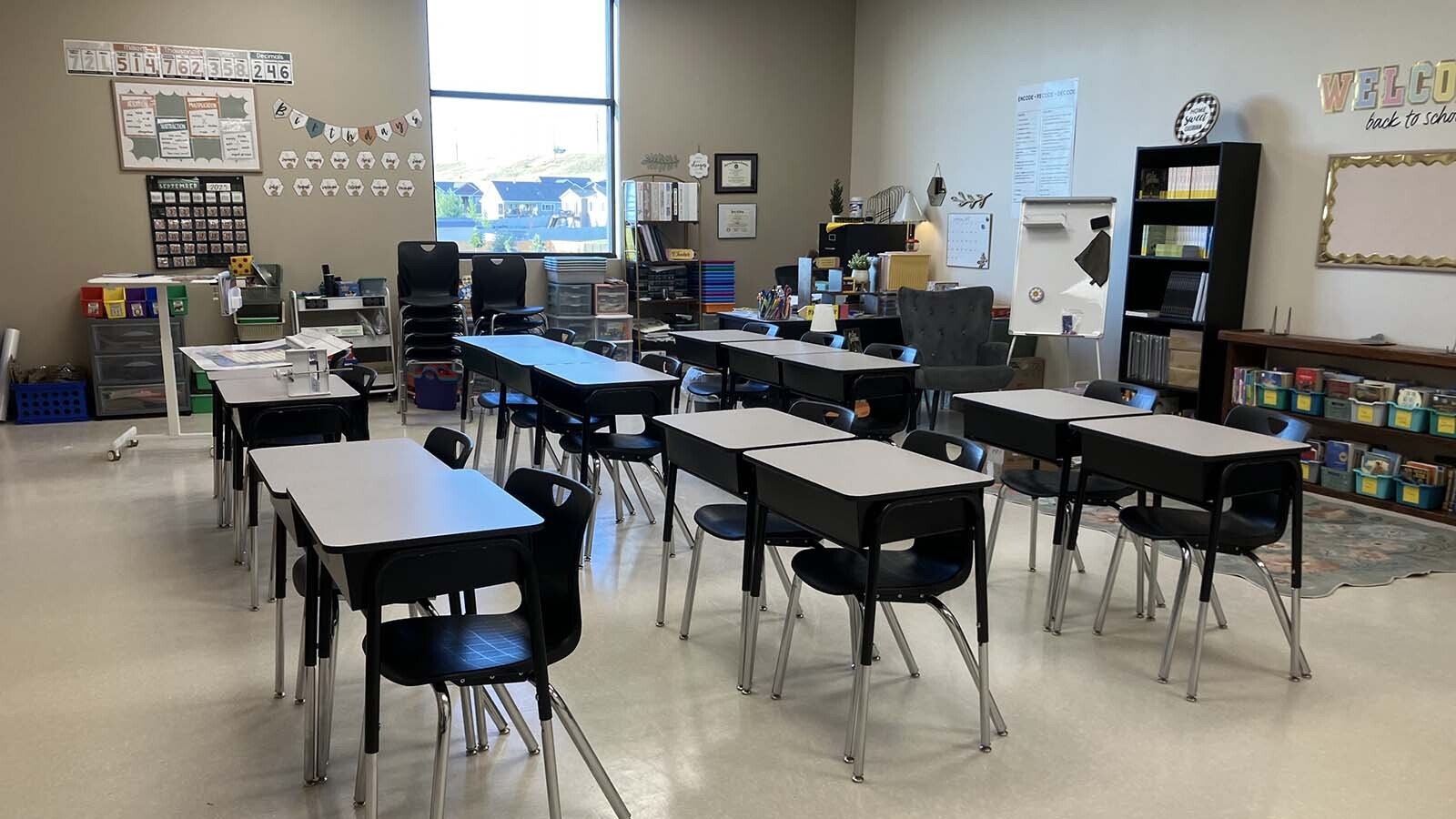 A second-floor classroom at Wyoming Classical Academy is set up for its first students.