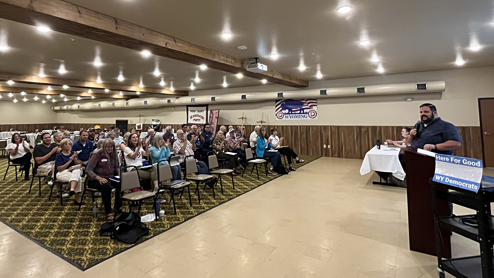 Wyoming Democratic Party Chair Joe Barbuto, right, addresses the Wyoming Democratic Party Central Committee during their meeting at Isabella's in downtown Newcastle on Saturday.