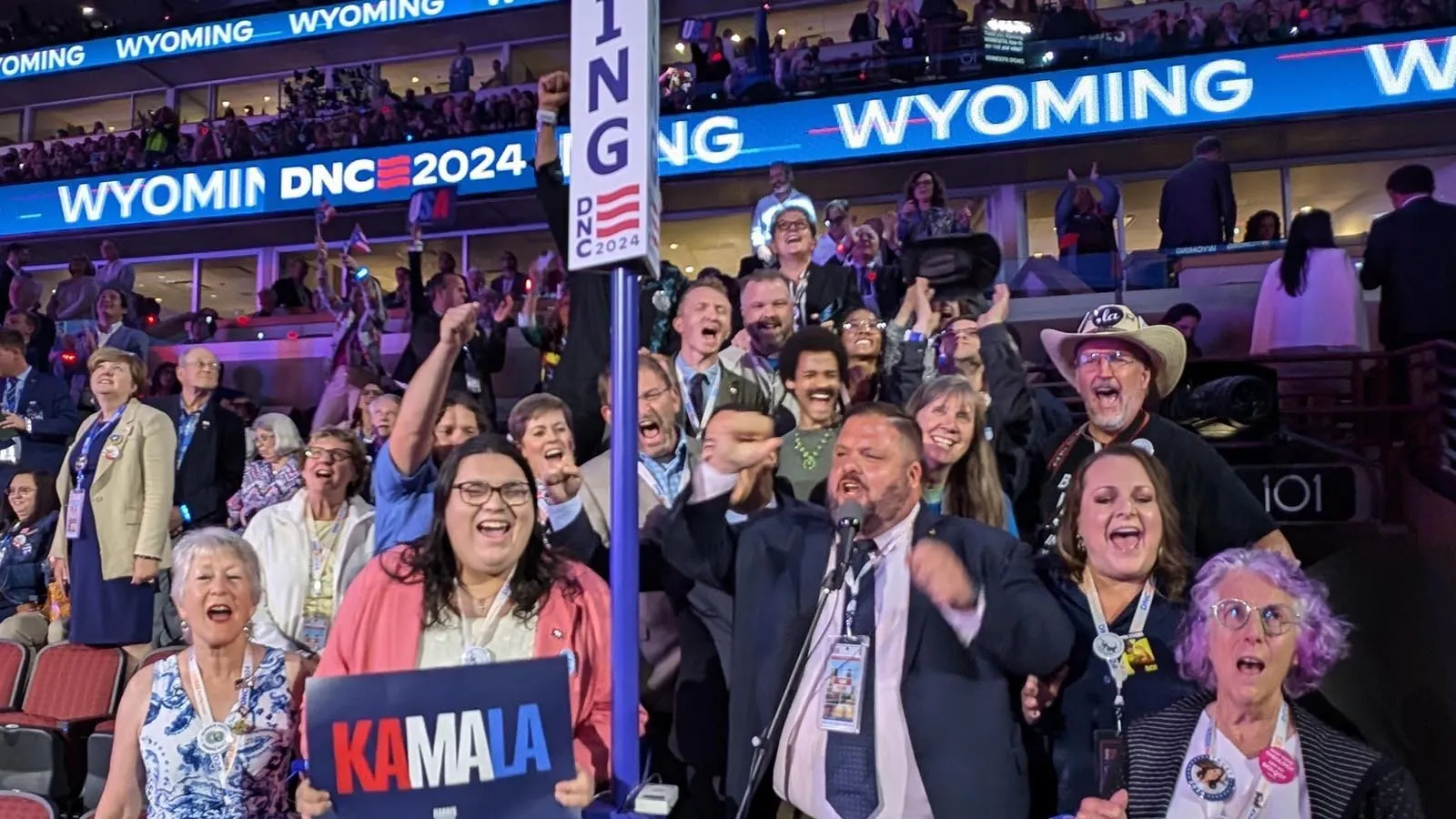 Wyoming Democrats in a file photo from the Democratic National Convention in 2024, casting their votes for Kamala Harris.