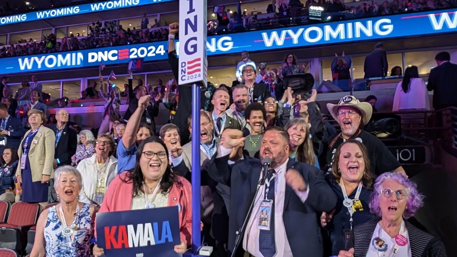 Wyoming 17 Democratic delegates cheer on Tuesday night as they are announced at the Democratic National Convention in Chicago.