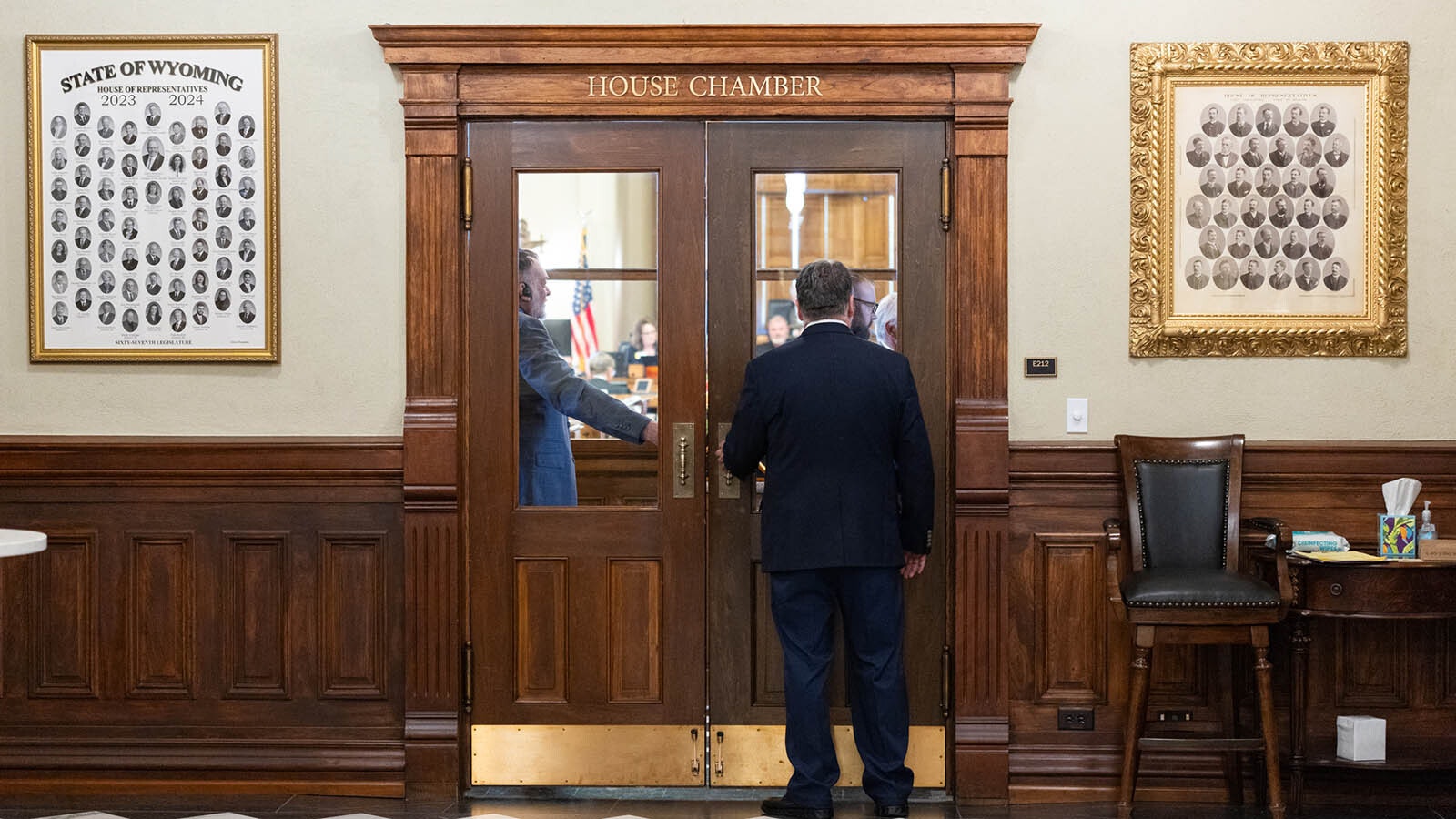 Outside the House Chamber at the Wyoming Capitol during the 2024 legislative session.