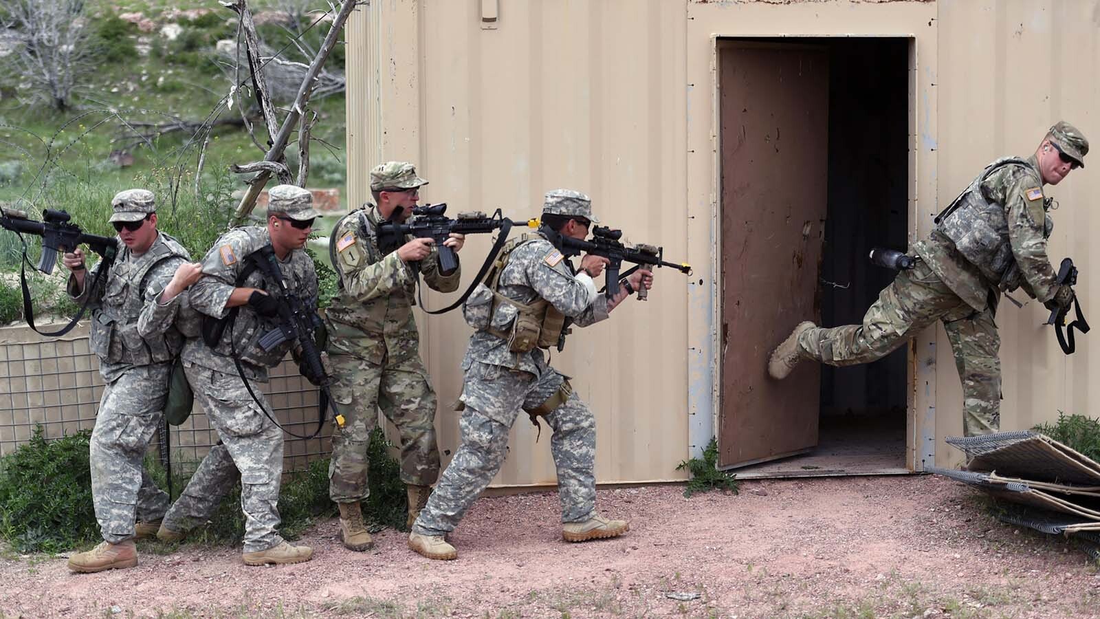 Wyoming National Guard soldiers practice an urban operations exercise at the North Training Area at Camp Guernsey during a two-week annual training commitment.