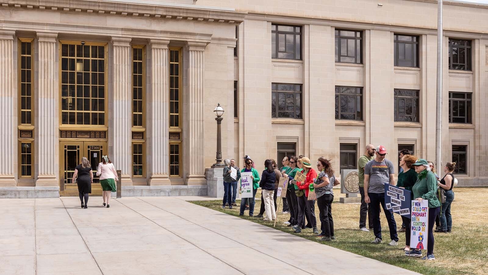 Protestors outside the Wyoming Supreme Court building in Cheyenne on April 16, 2025, before the court heard arguments on the state's abortion bans. The court ruled 4-1 Tuesday, Jan. 6, 2025, that Wyomings abortion bans are unconstitutional.