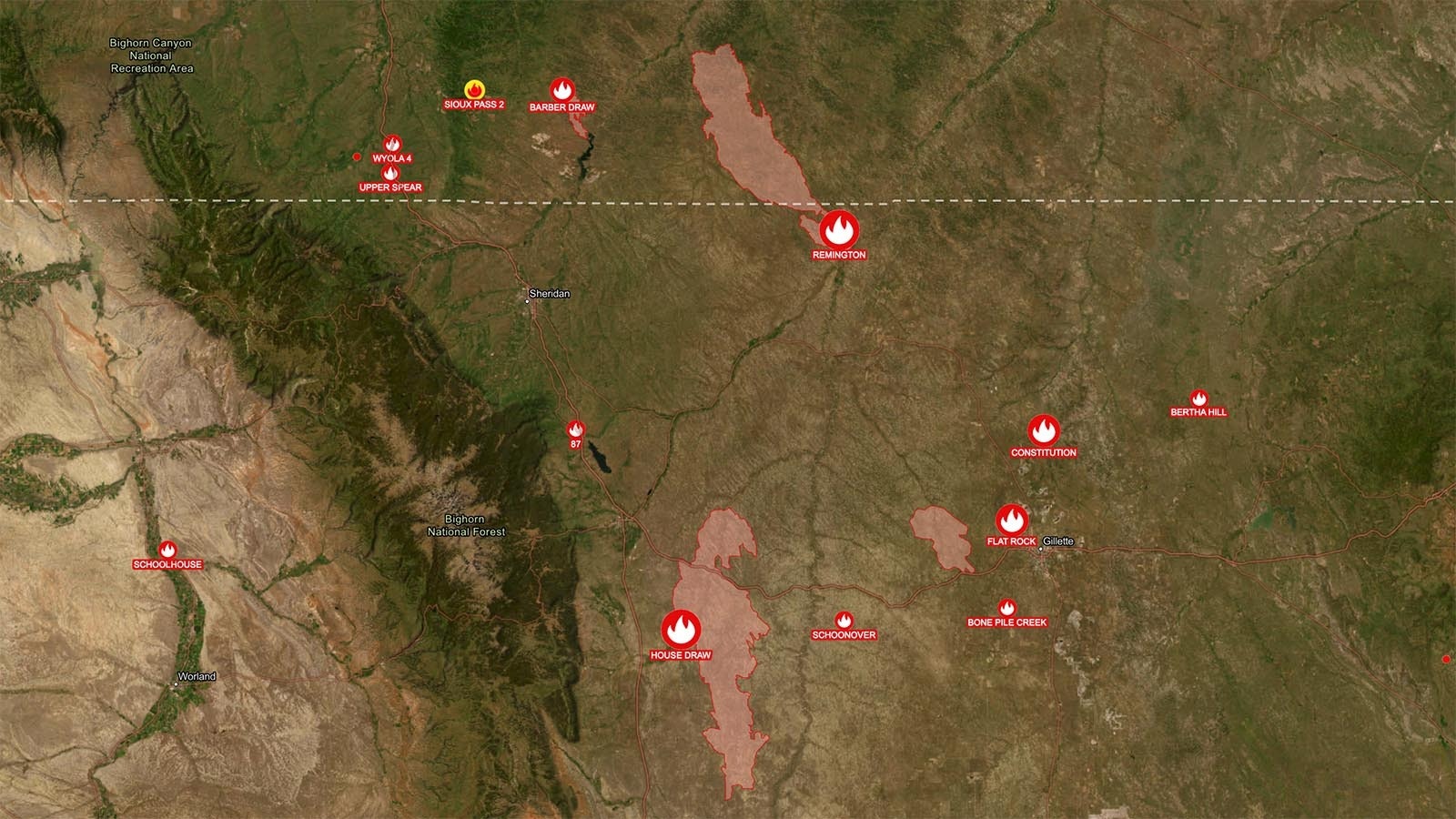 Wildfires buring in norhthern Wyoming and southern Montana as of Saturday morning, Aug. 24, 2024.