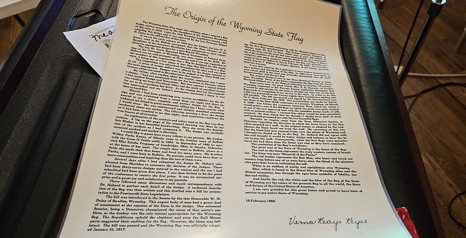 A copy of the story Verna Keays Keyes used to tell about the Wyoming flag after Grace Hebard's death.