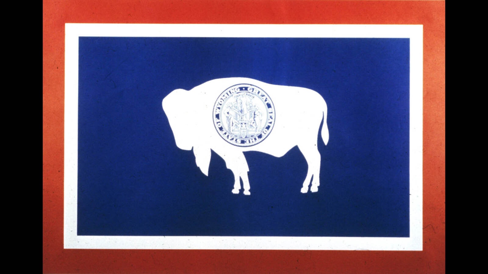 This image of the Wyoming flag on the Secretary of State's Office website shows a bison with a longer head and a long beard not seen on other flags.
