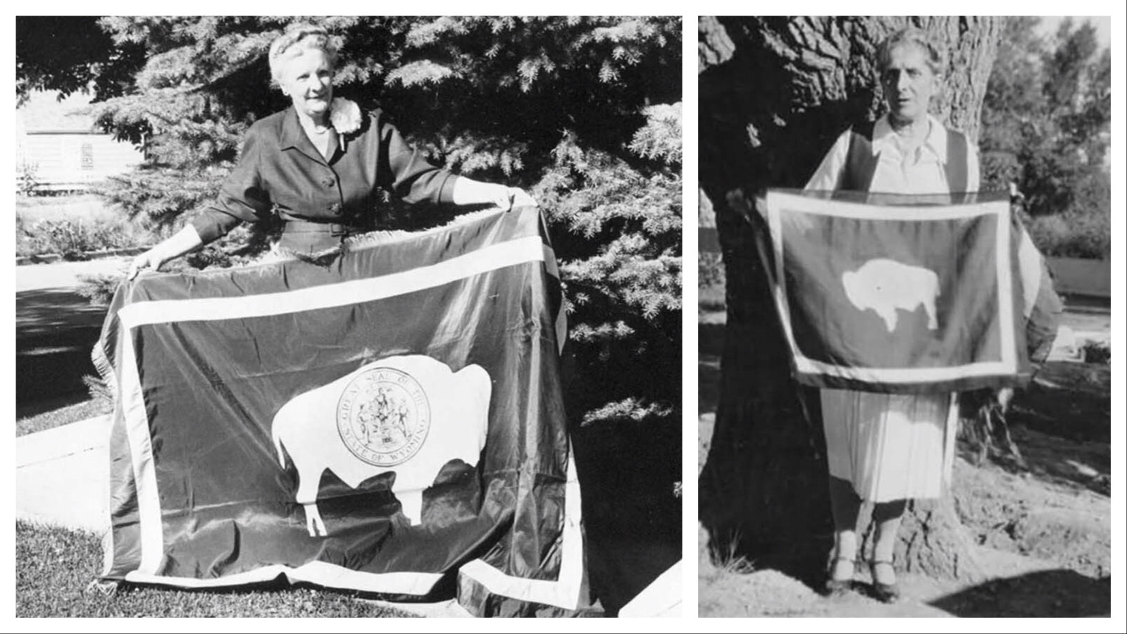 Left, the designer of the Wyoming State Flag, Verna Keays Keys, maintained the bison on the flag should face away from the pole. But prominent sufferagist, UW professor and head of the DAR at the time, Grace Raymond Hebard, right, insisted it face the pole, which became the preferred way to make the flag.