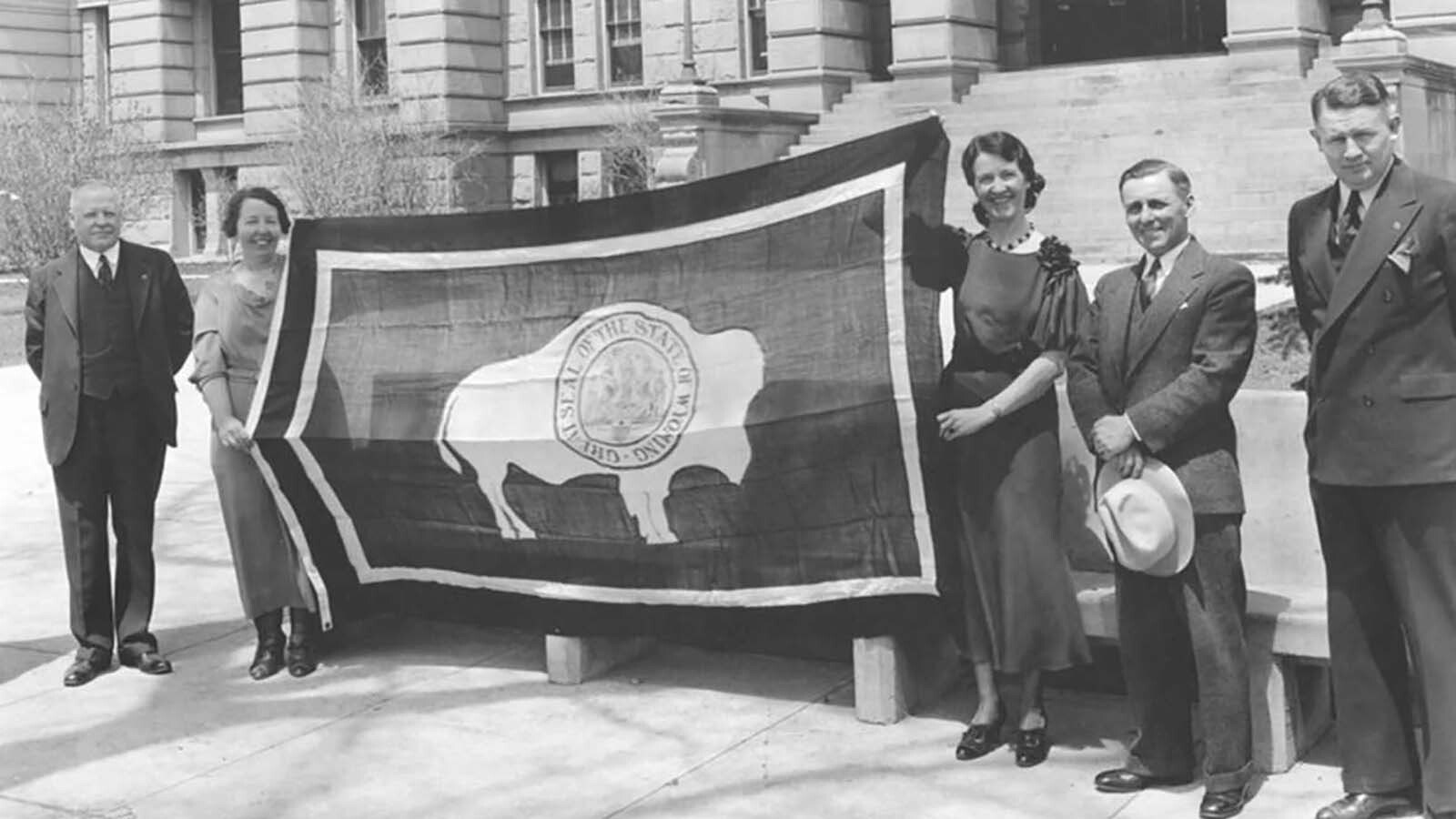 This 1935 photo shows the bison on the state flag facing the way Verna Keays Keyes wanted it, away from the pole.