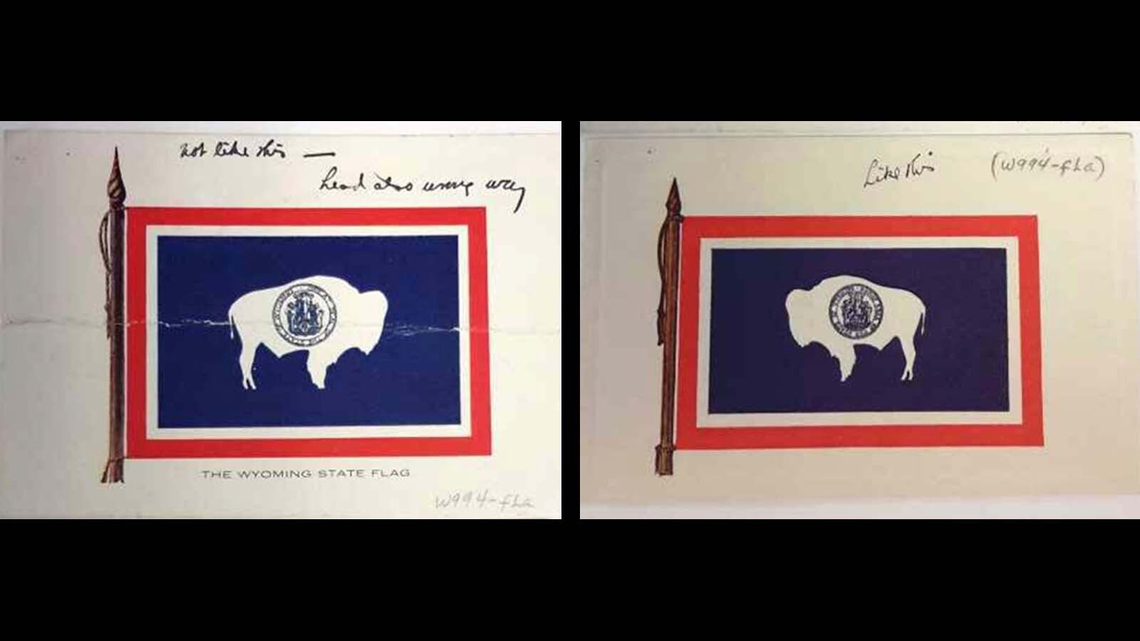 The two postcards Grace Raymond Hebard used to show Verna Keyes the direction Hebard wanted the bison to face, circa 1917.