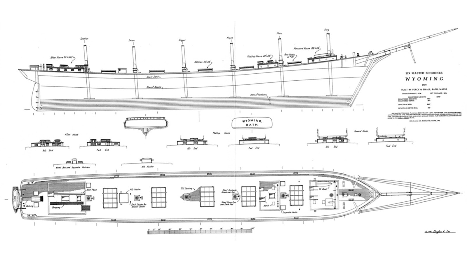 A pair of drawings by Doug Lee depict the layout plan and profile of the Wyoming schooner.